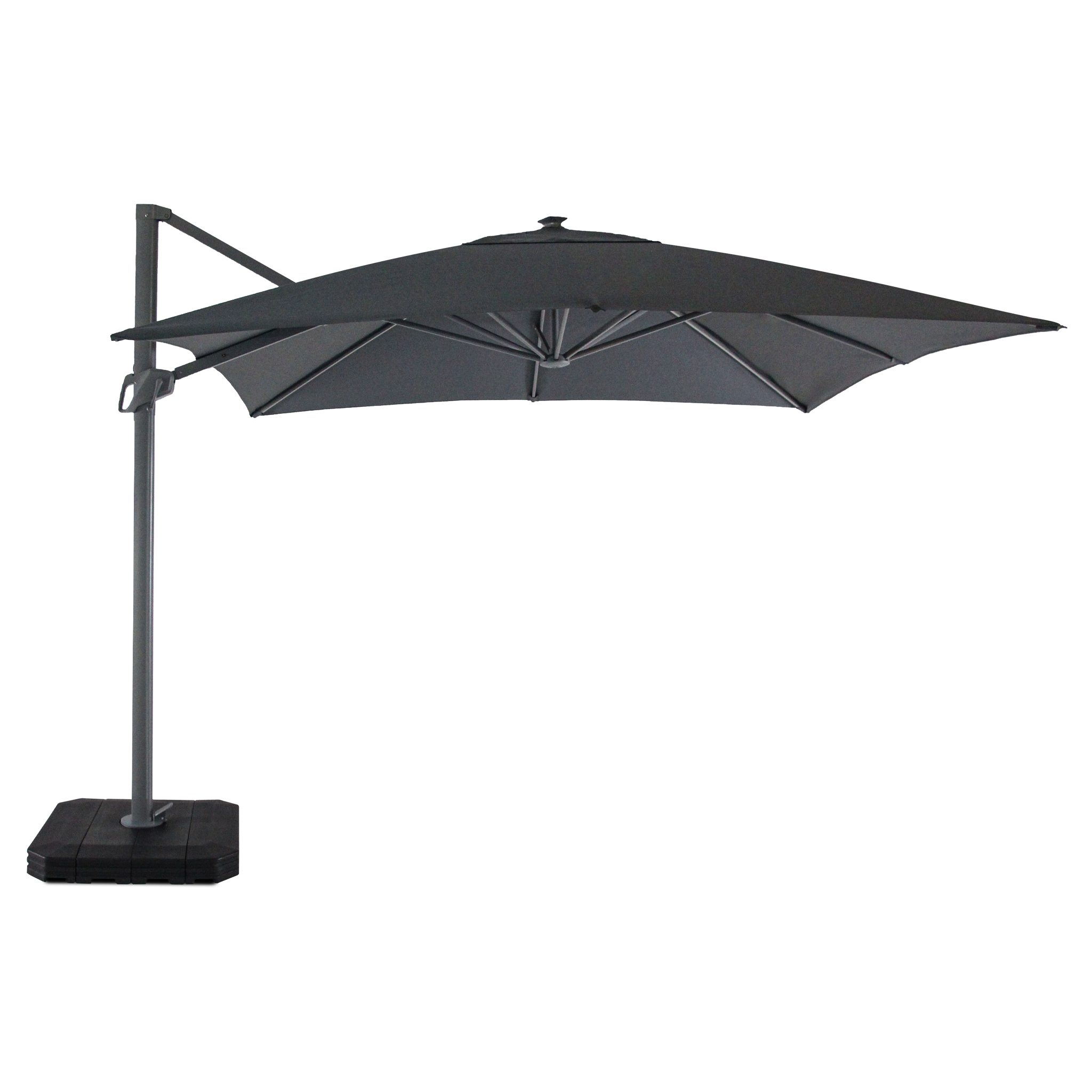 The Ares 3m Square Cantilever Parasol in Charcoal, equipped with a sturdy side pole and square base, features an exceptionally protective UV50+ canopy for superior sun protection when fully extended.