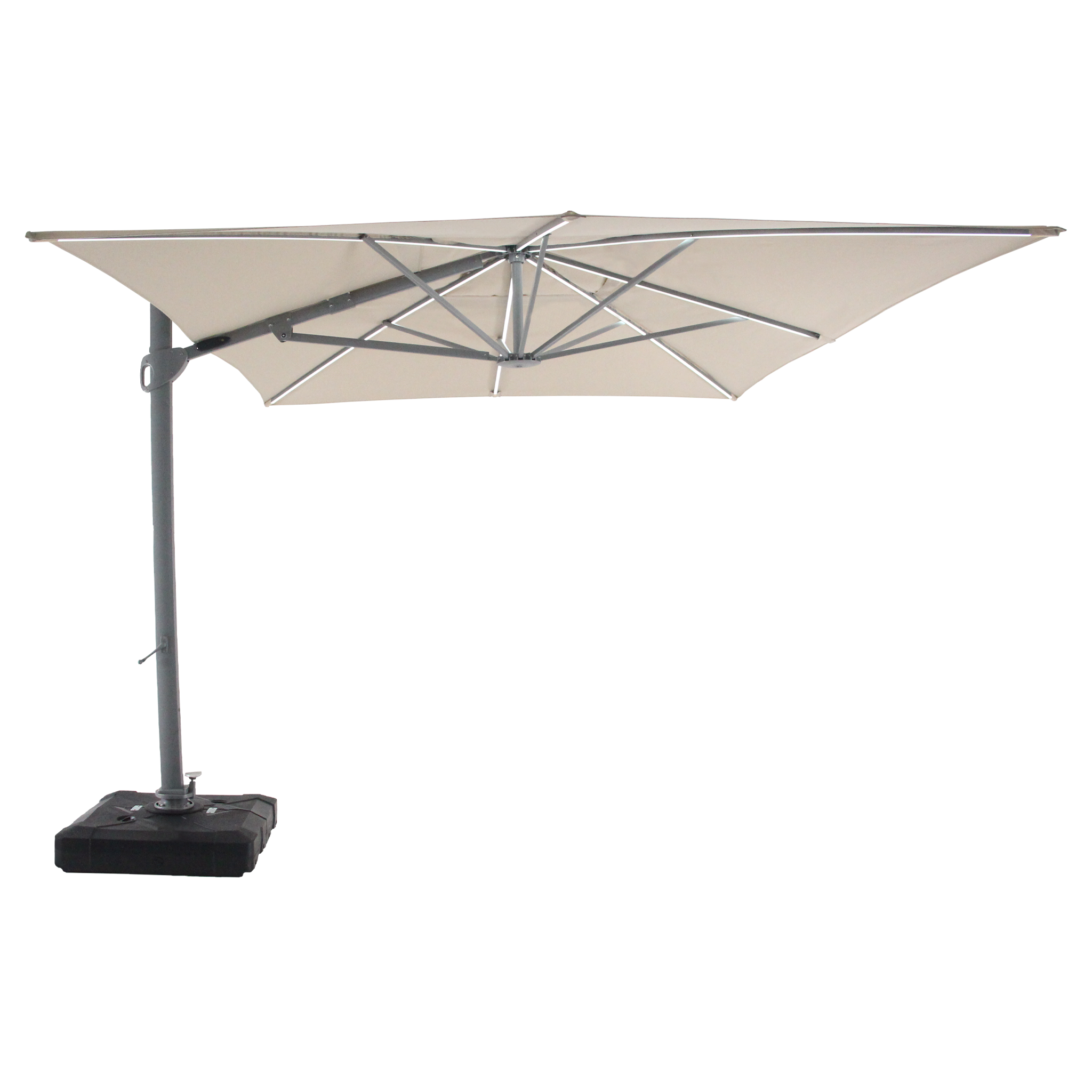 The Pallas 4m x 3m Rectangular Cantilever Parasol with LED Lighting in Beige features a large, beige canopy and a sturdy, adjustable metal stand on a black base, making it perfect for providing garden shade.