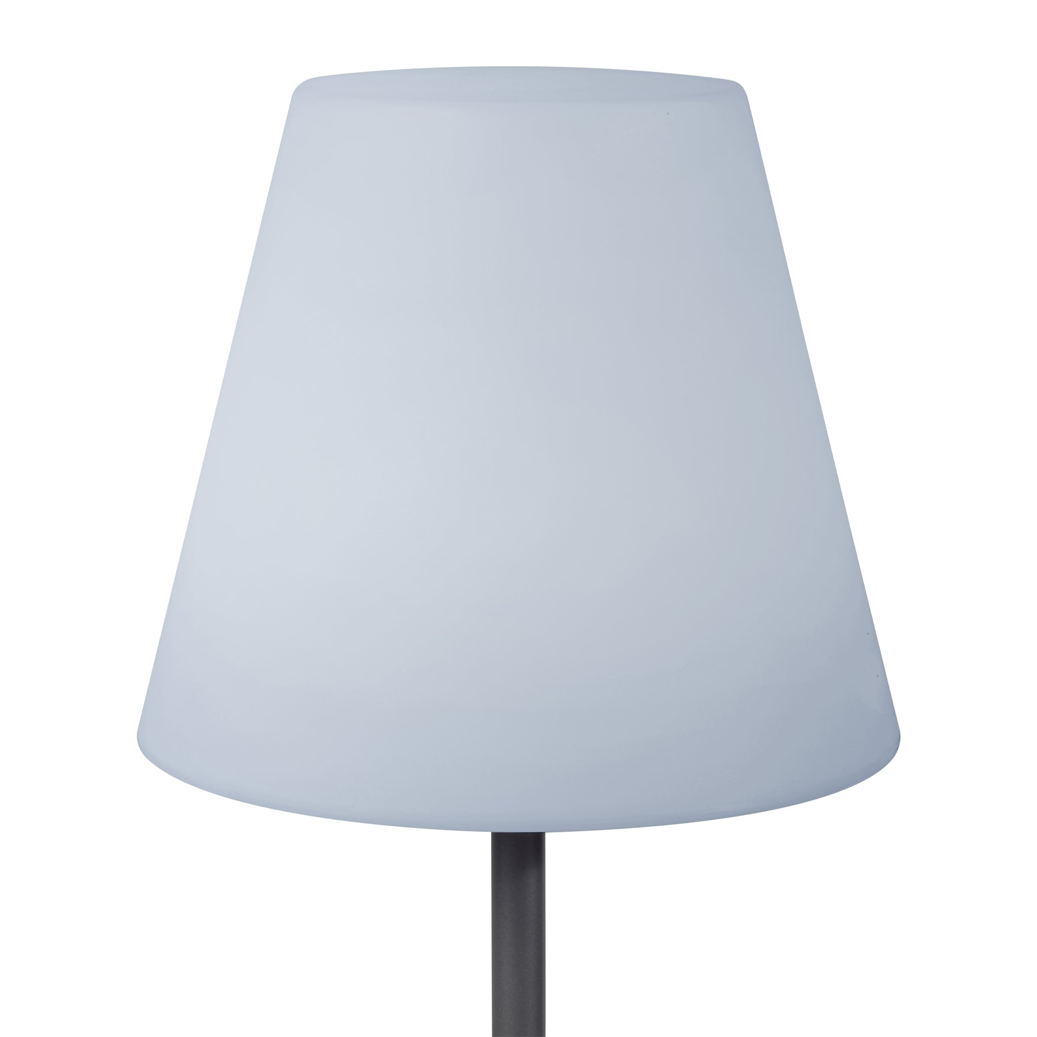 The Pacific Lifestyle Grey Metal Outdoor & Indoor Floor Lamp features an elegant cone-shaped white lampshade on a gray metal stand, perfect for any setting.