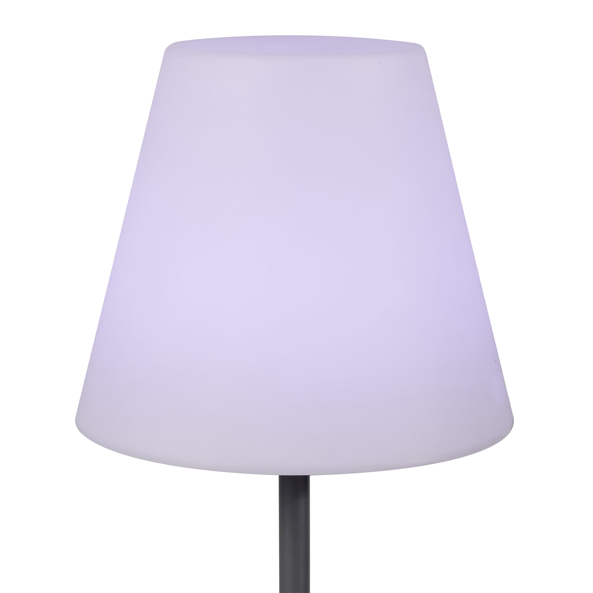 The Pacific Lifestyle Grey Metal Outdoor & Indoor Floor Lamp features a modern white shade on a sleek black stand, offering an elegant look while its water-resistant design ensures durability.