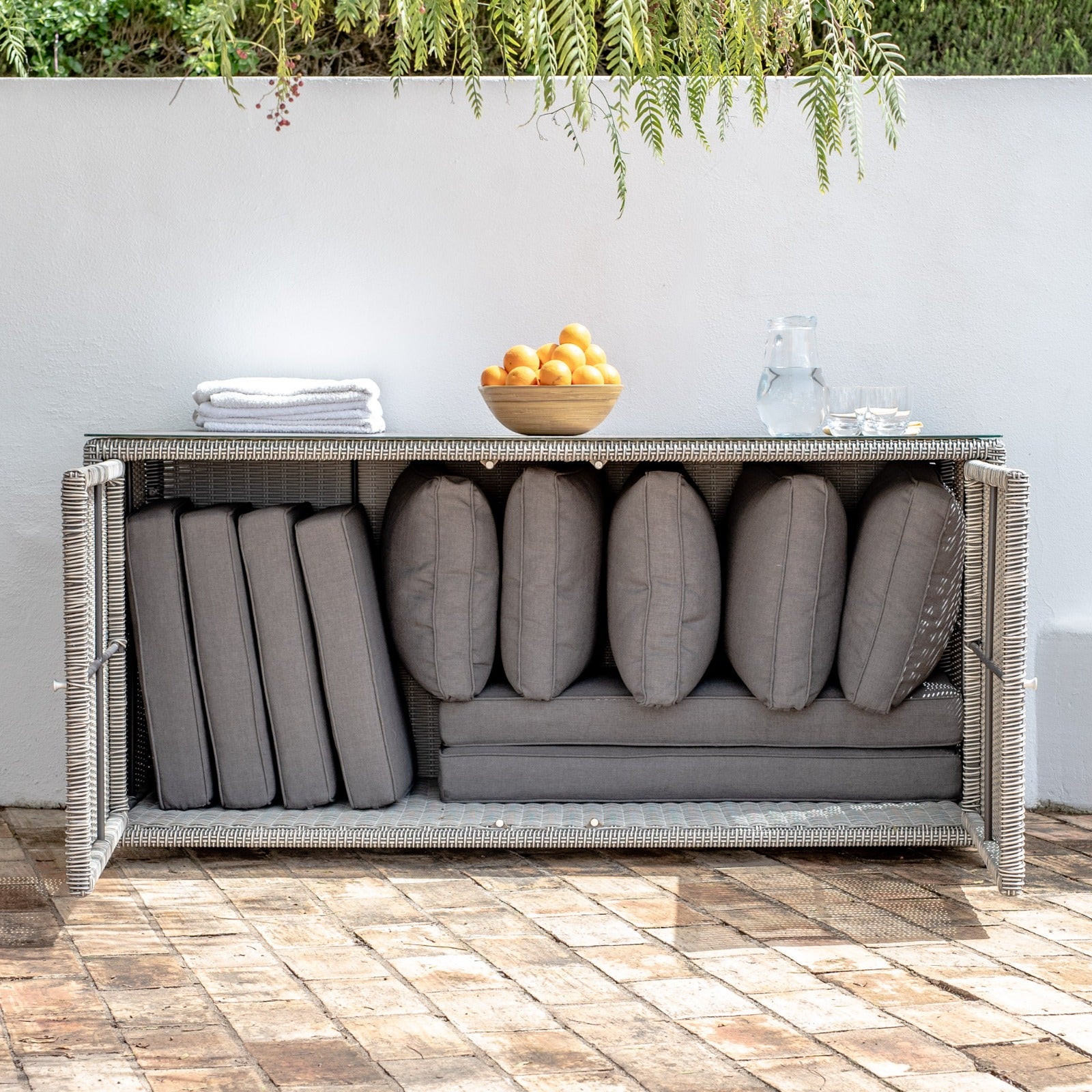 Santiago Rattan Storage Box/Console Table with Glass Top in Grey