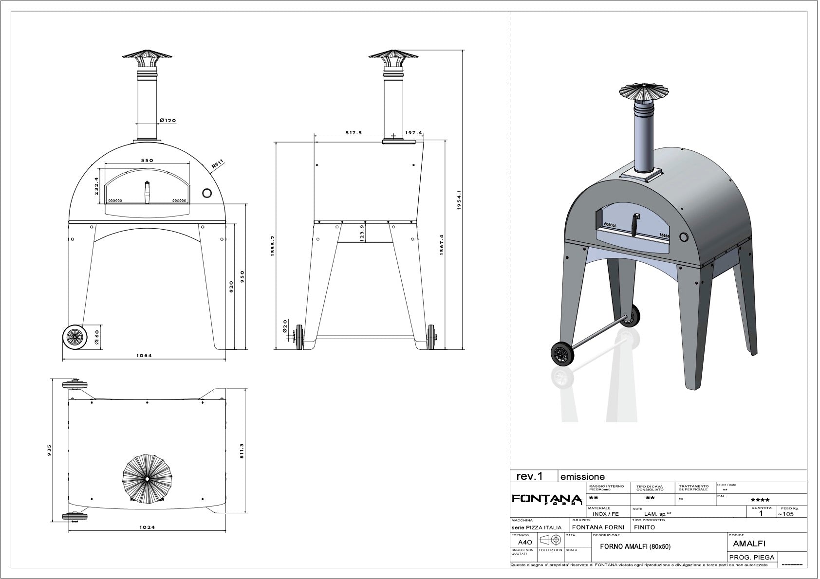 Technical drawing and 3D model of the Fontana Amalfi Wood Pizza Oven, featuring dimensions and specifications, including its robust stainless steel cooking chamber.