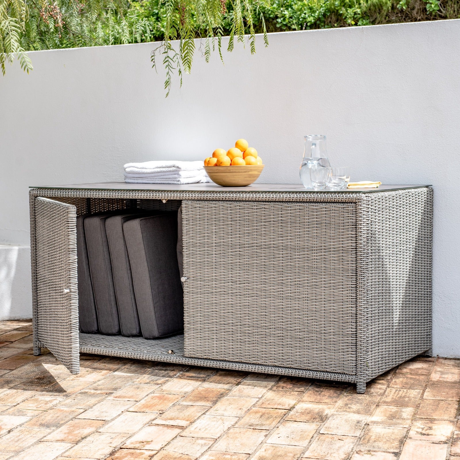Santiago Rattan Storage Box/Console Table with Glass Top in Grey