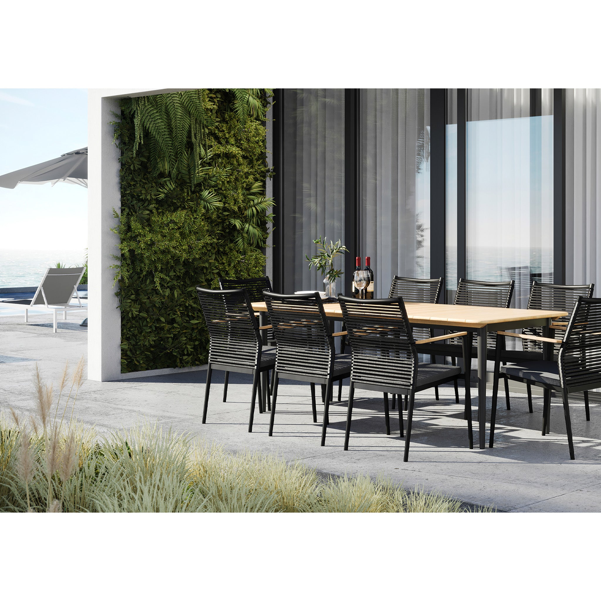 Portland 8 Seat Rectangular Dining Set with Teak Table in Charcoal