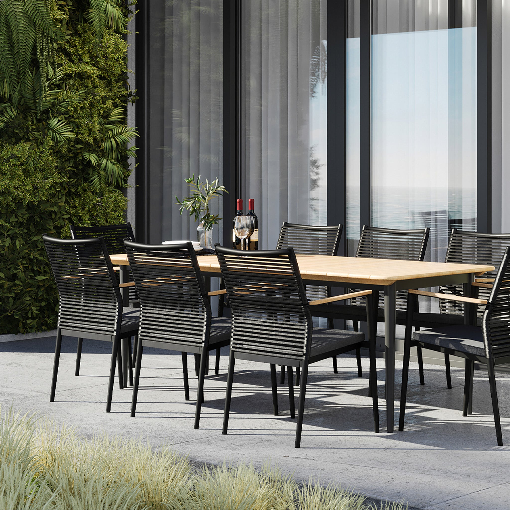 Portland 8 Seat Rectangular Dining Set with Teak Table in Charcoal