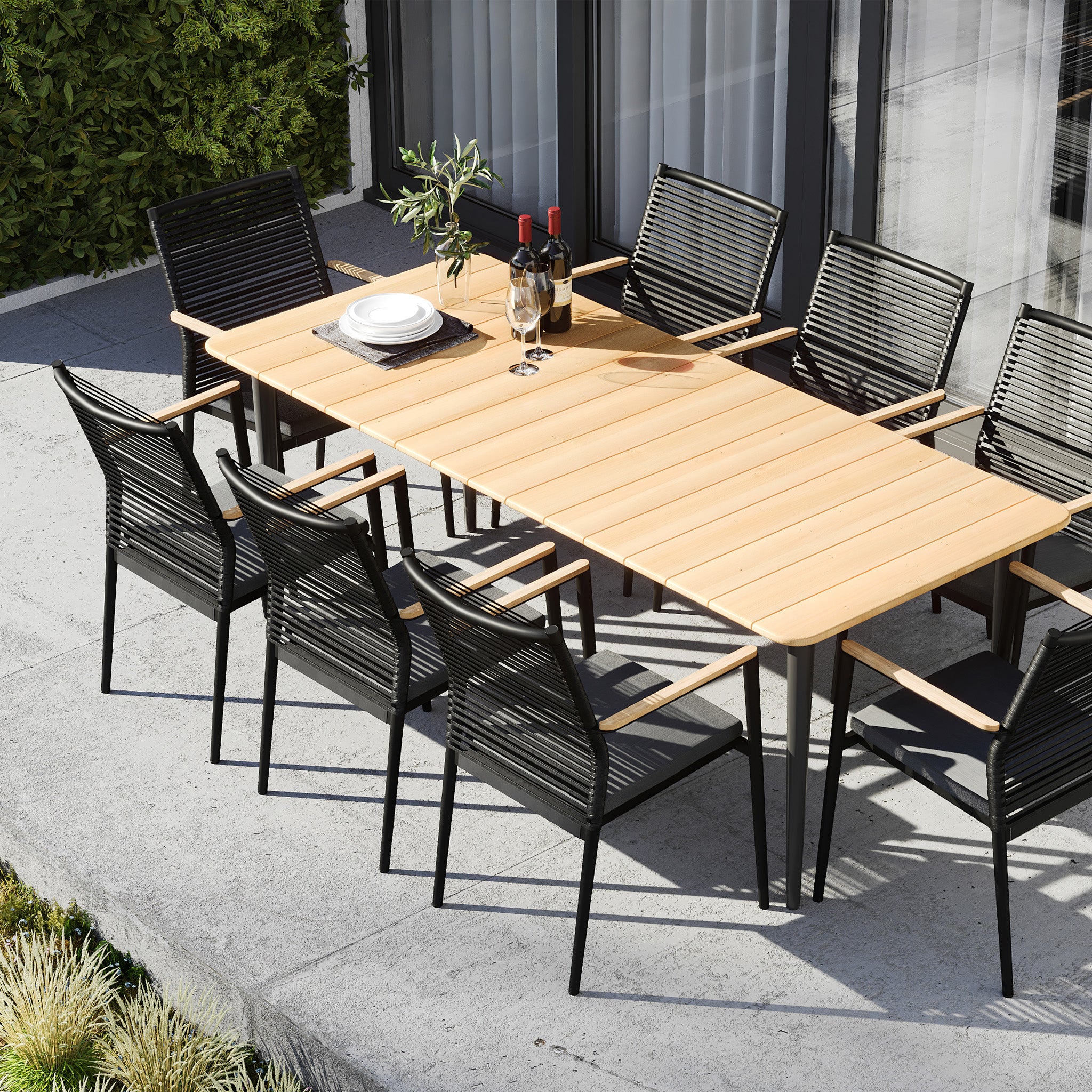 Portland 8 Seat Rectangular Dining Set with Teak Table in Charcoal