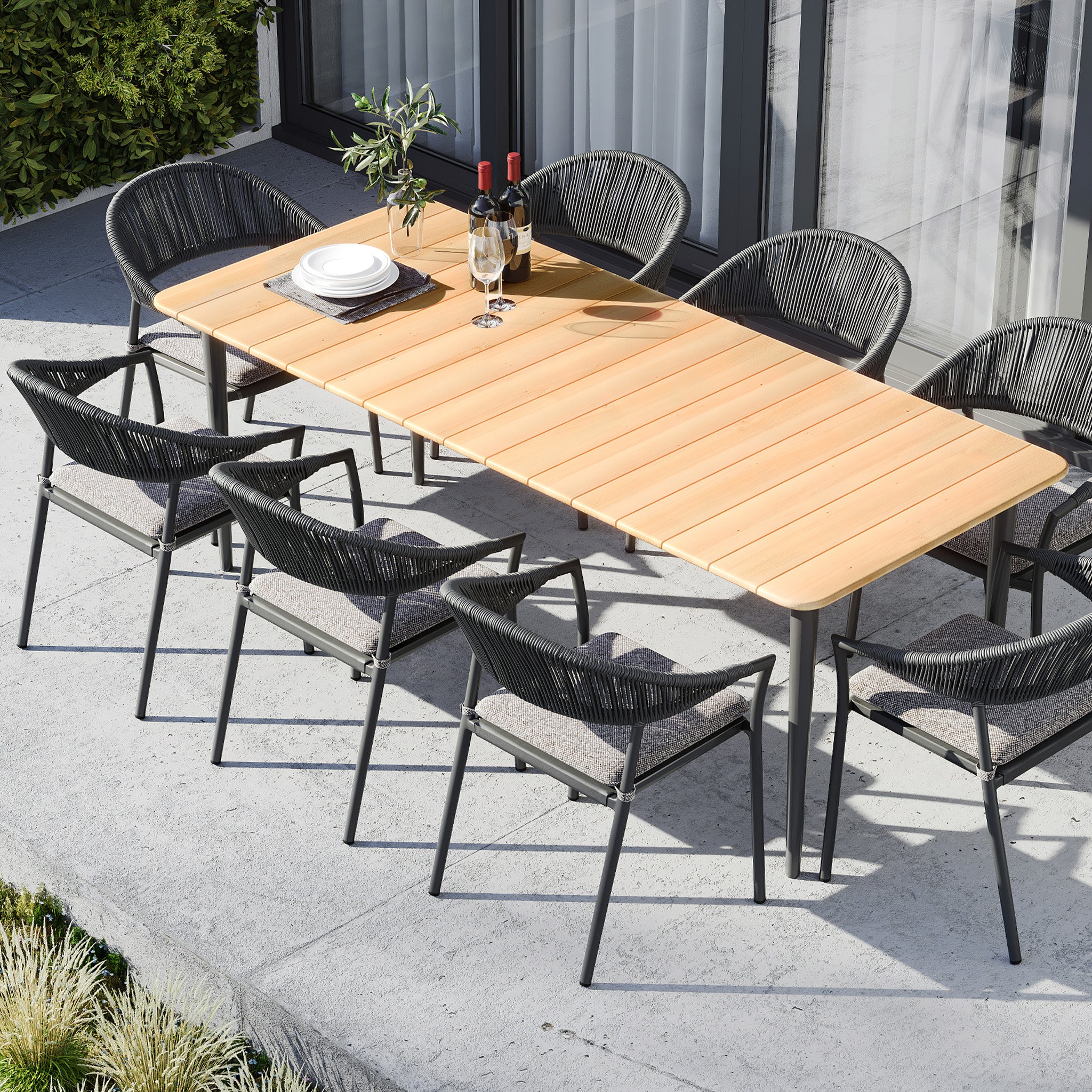 Cloverly 8 Seat Rectangular Dining with Teak Table in Charcoal