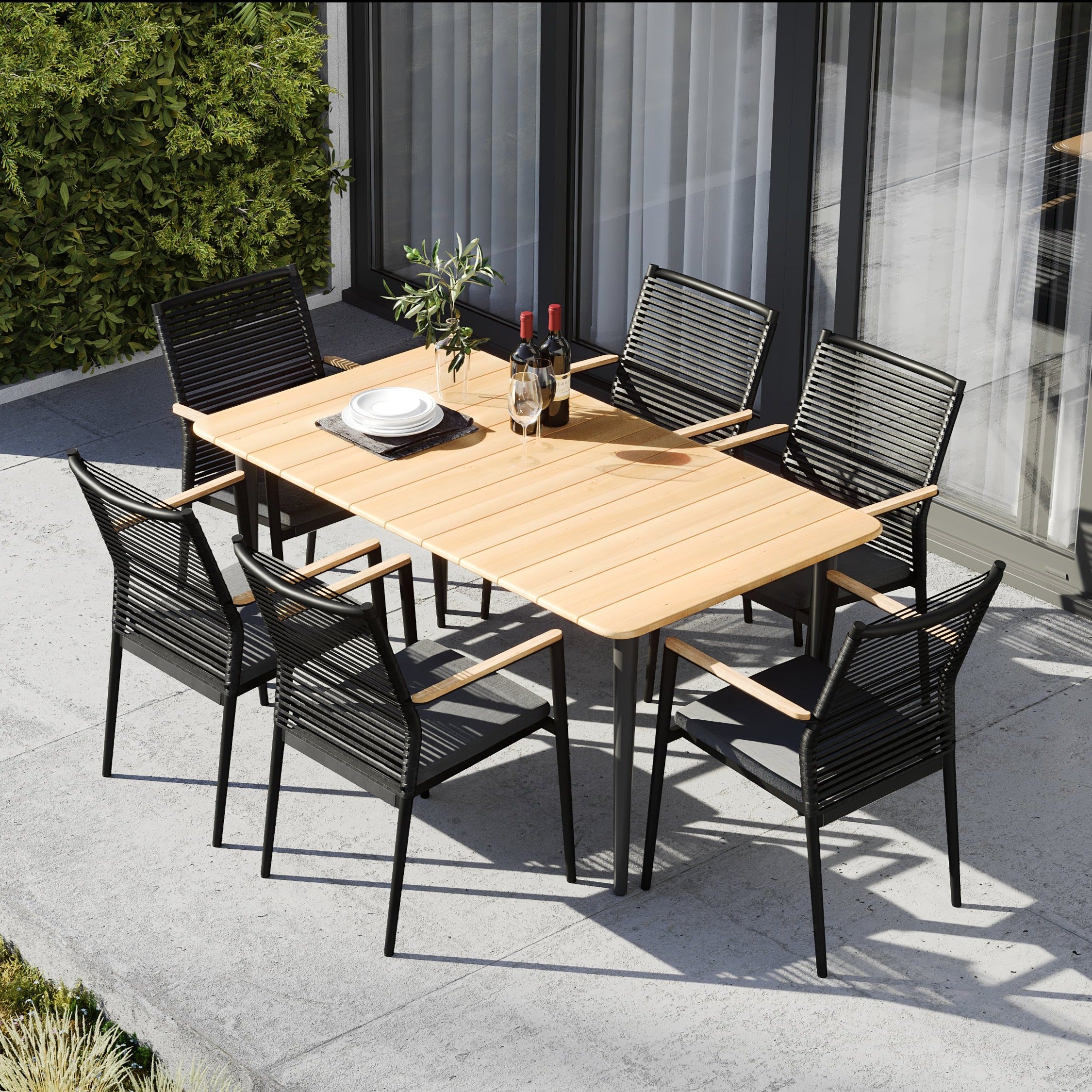 Portland 6 Seat Rectangular Dining Set with Teak Table in Charcoal