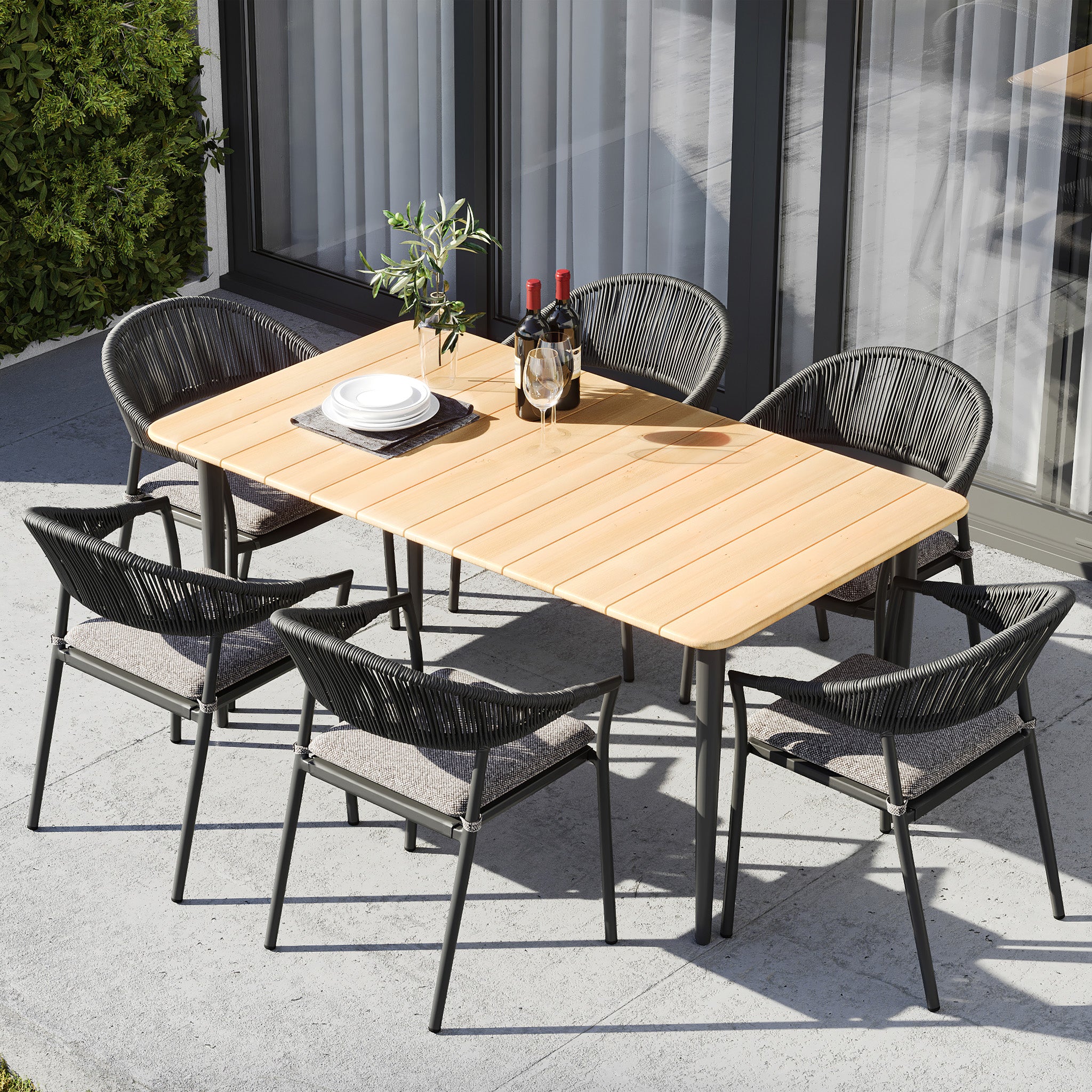 Cloverly 6 Seat Rectangular Dining with Teak Table in Charcoal