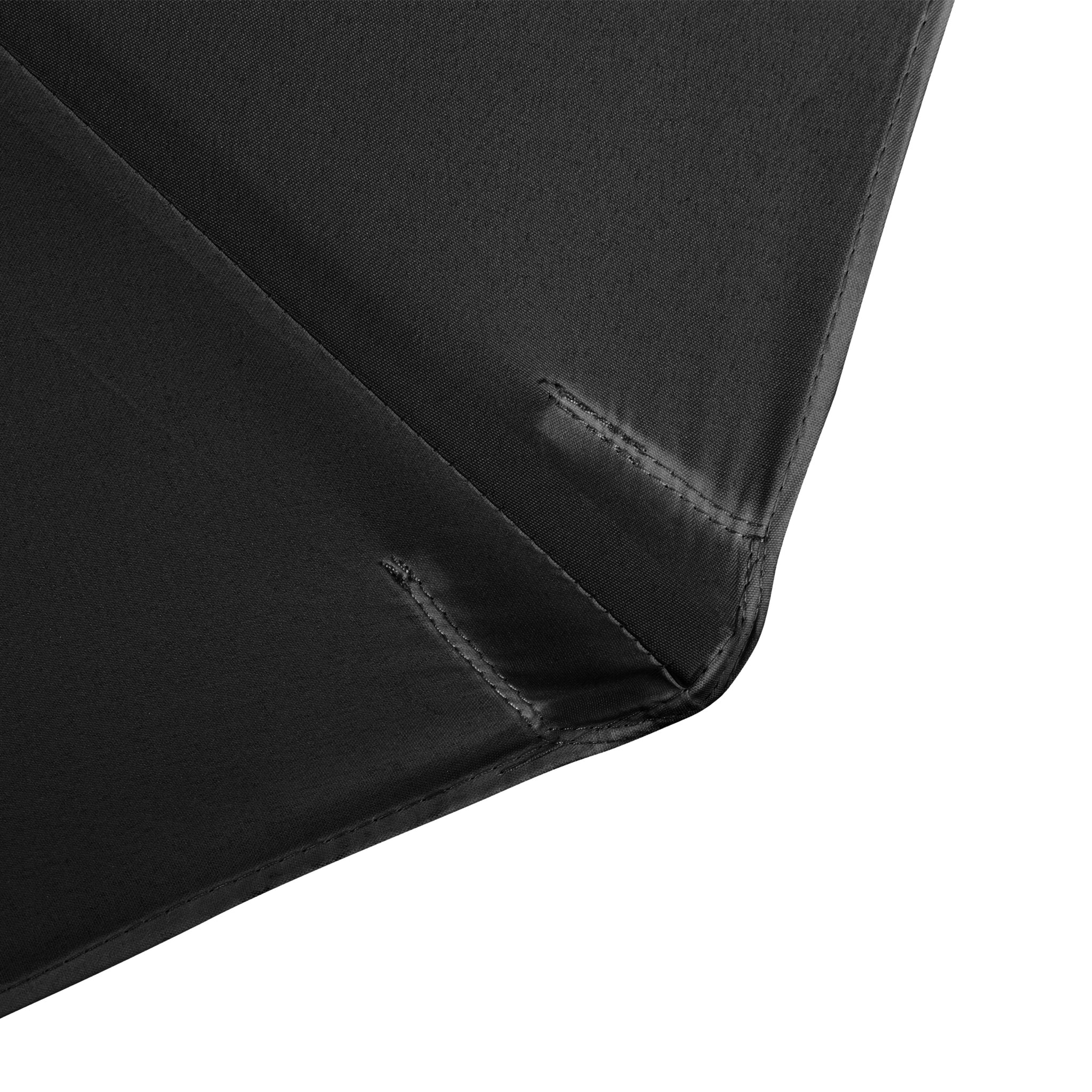 Close-up of a black fabric with visible stitching and corner folds, designed for the Kratos 3m Round Wooden Parasol in Black, featuring a UV rating of 50+ to provide optimal protection for your dining table parasol.