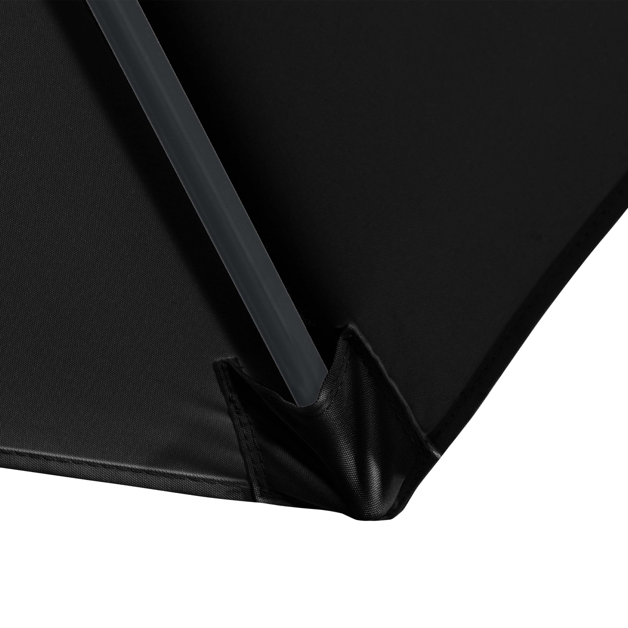 Close-up of a black Triton 3m Round Aluminium Parasol, highlighting the metal frame attached to the fabric, with an impressive UV rating of 50+.