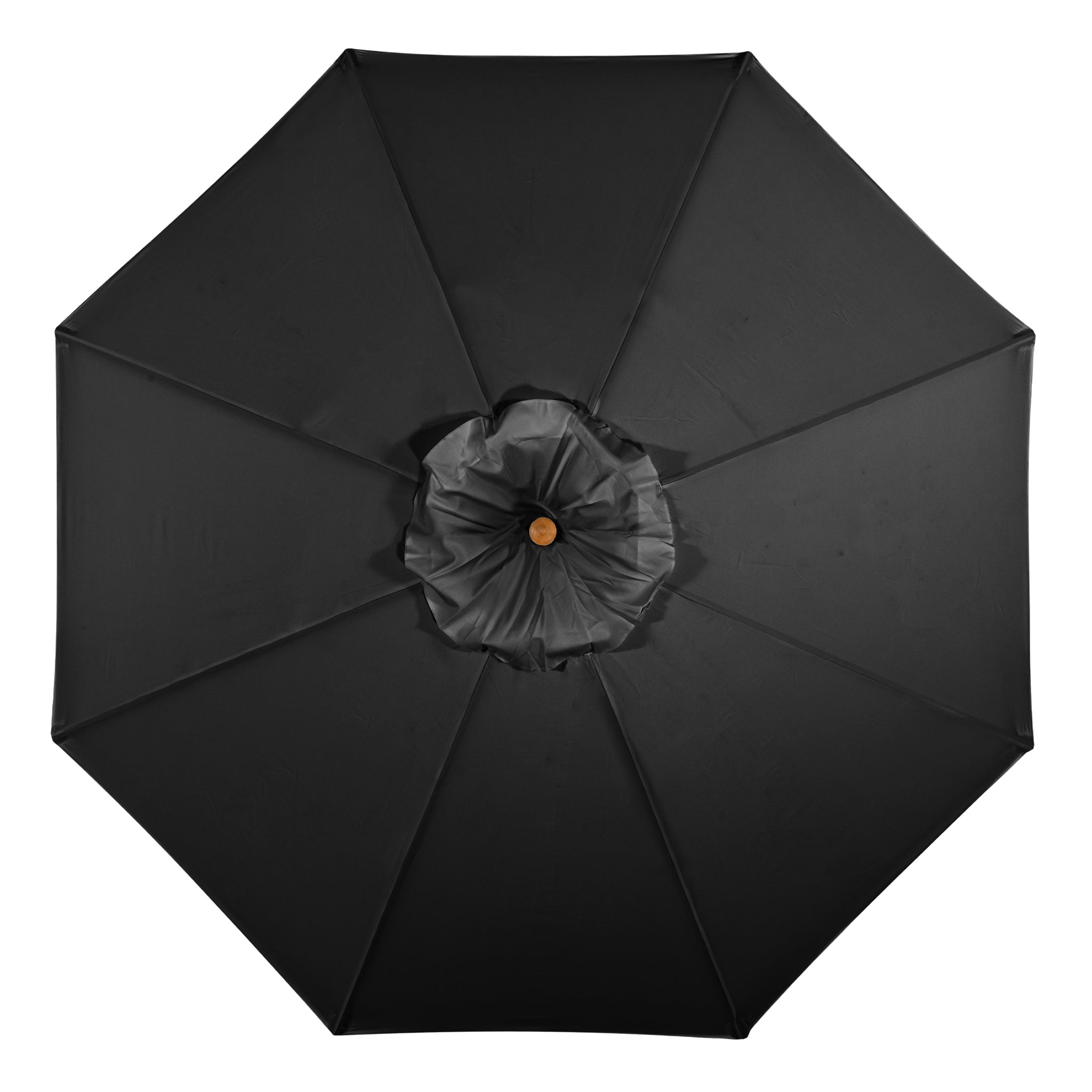 Top view of a black, round patio umbrella with a gathered fabric design at the center, reminiscent of the Kratos 3m Round Wooden Parasol in Black.