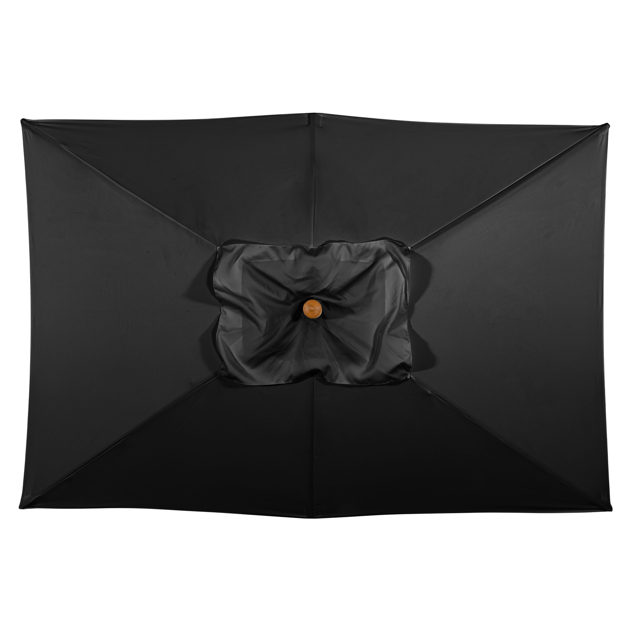 Top view of the Kratos 3m x 2m Rectangular Wooden Parasol in Black, featuring a central wooden hub and excellent UV protection.