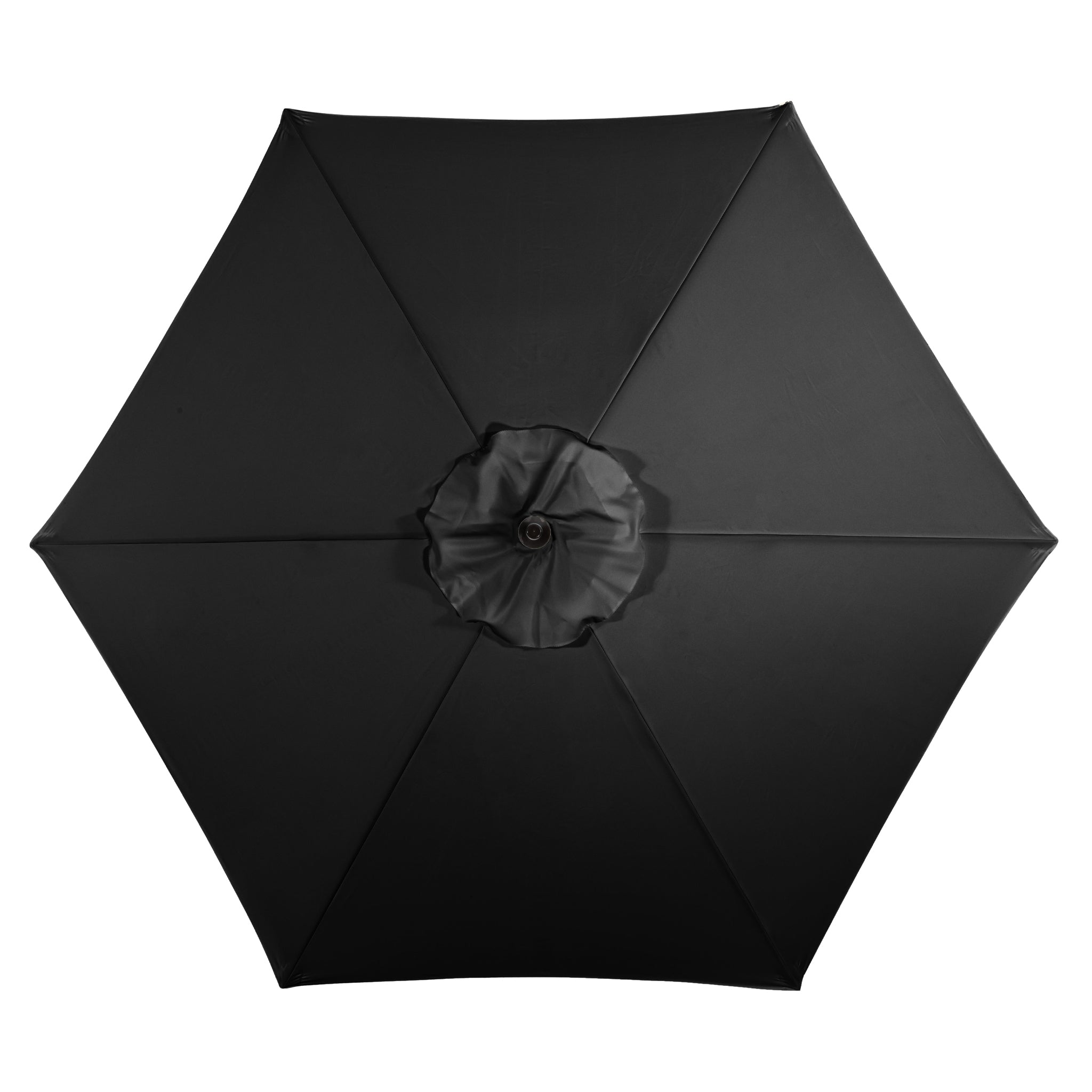 Top view of a fully opened, black Triton 2.5m Round Aluminium Parasol with a gathered fabric detail in the center, featuring UV rating 50+ protection.