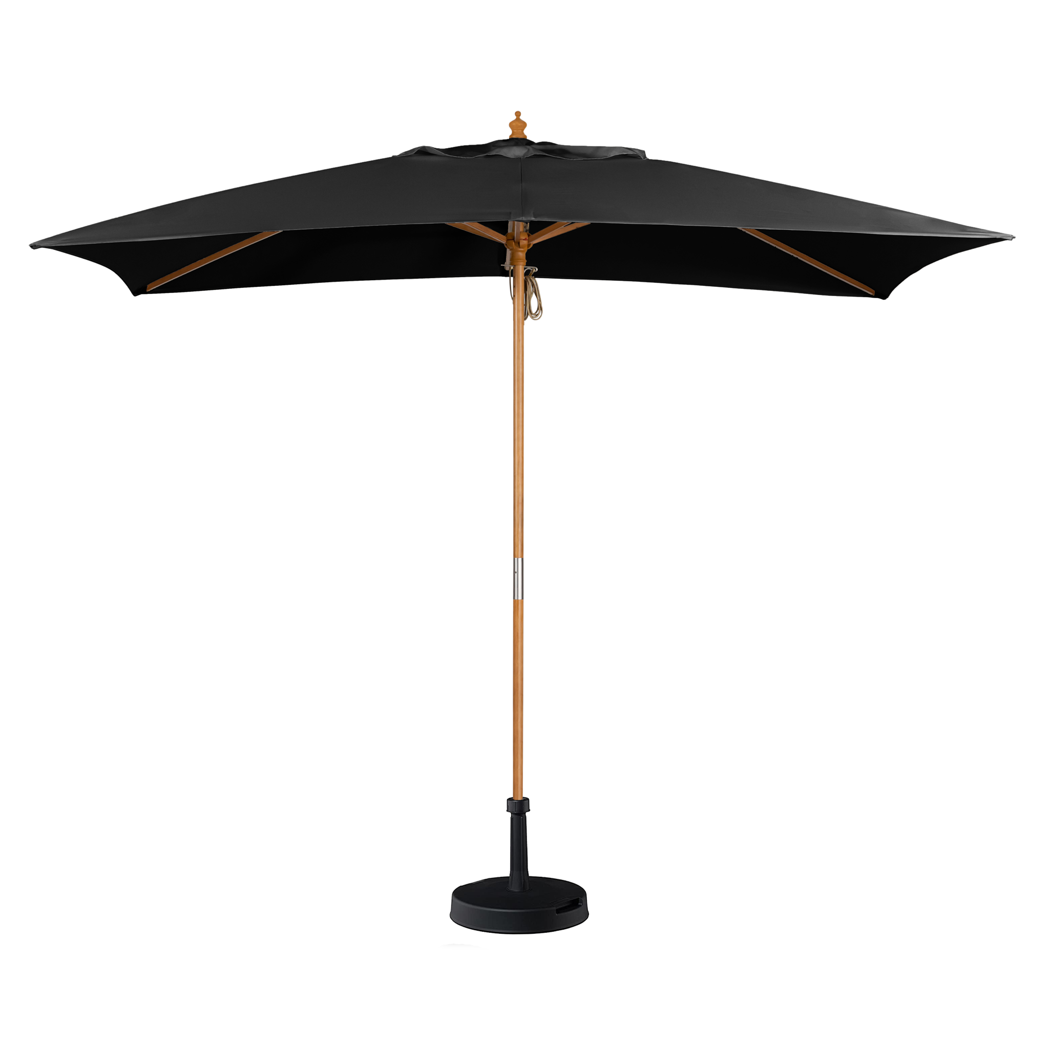 Kratos 3m x 2m Rectangular Wooden Parasol in Black with a round black base, providing UV protection. This collapsible rectangular parasol is shown fully extended, offering both style and functionality with its robust wooden pole.