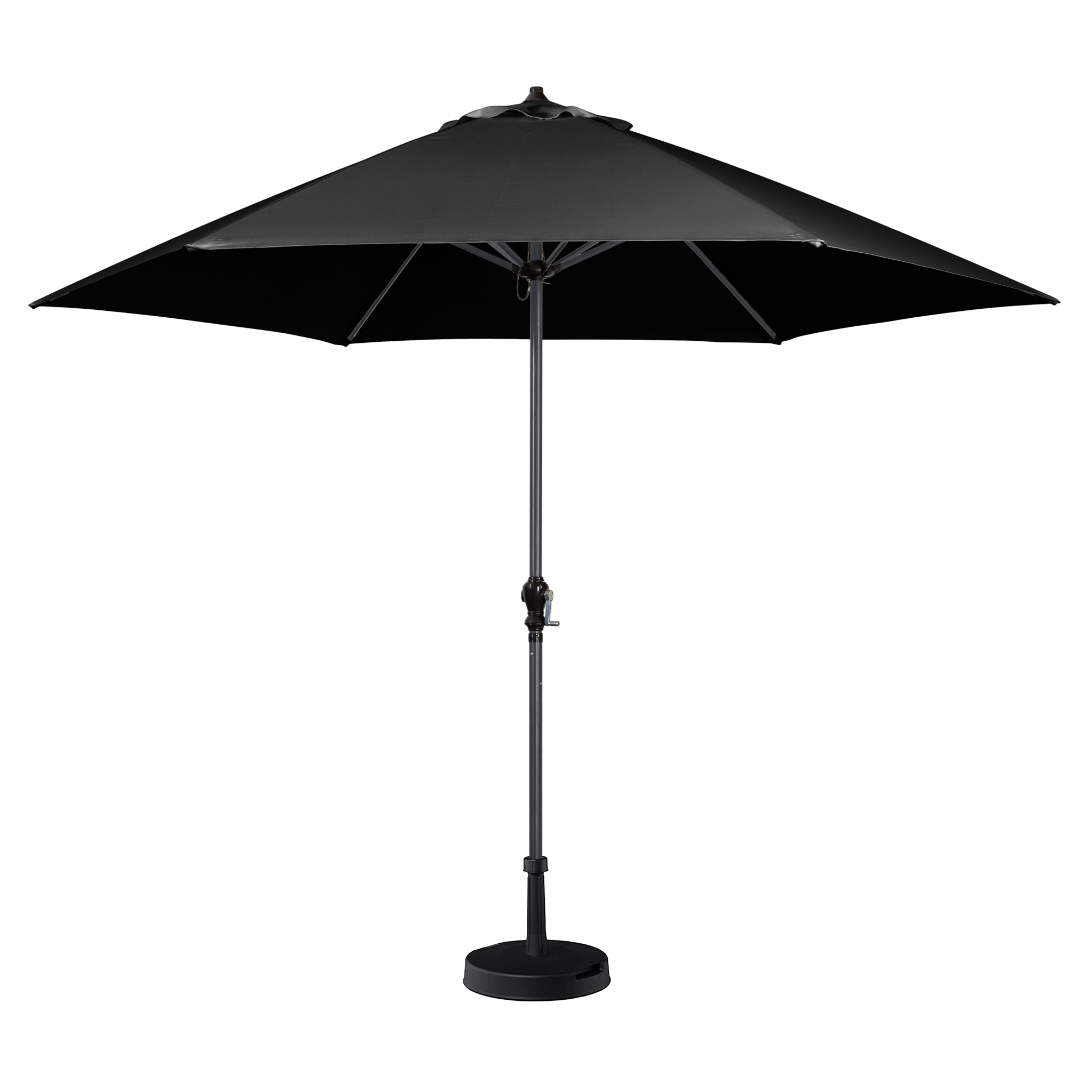 The fade-resistant Triton 2.5m Round Aluminium Parasol in Black, with a UV rating of 50+, stands fully opened against a white background, supported by its sturdy metal pole and base.