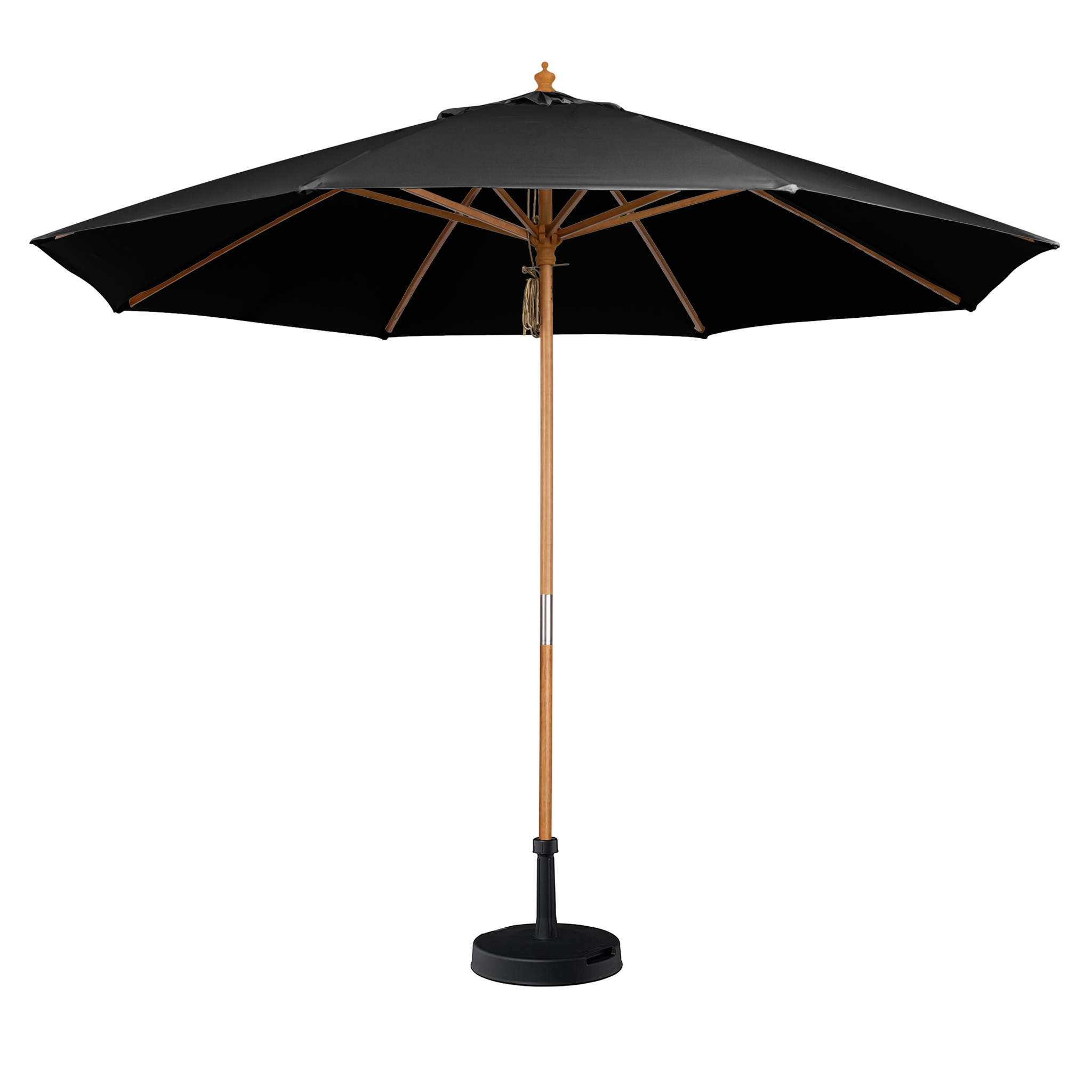 The Kratos 3m Round Wooden Parasol in Black is a large patio umbrella with a wooden pole and a round base, featuring an impressive UV rating of 50+ for optimal sun protection.
