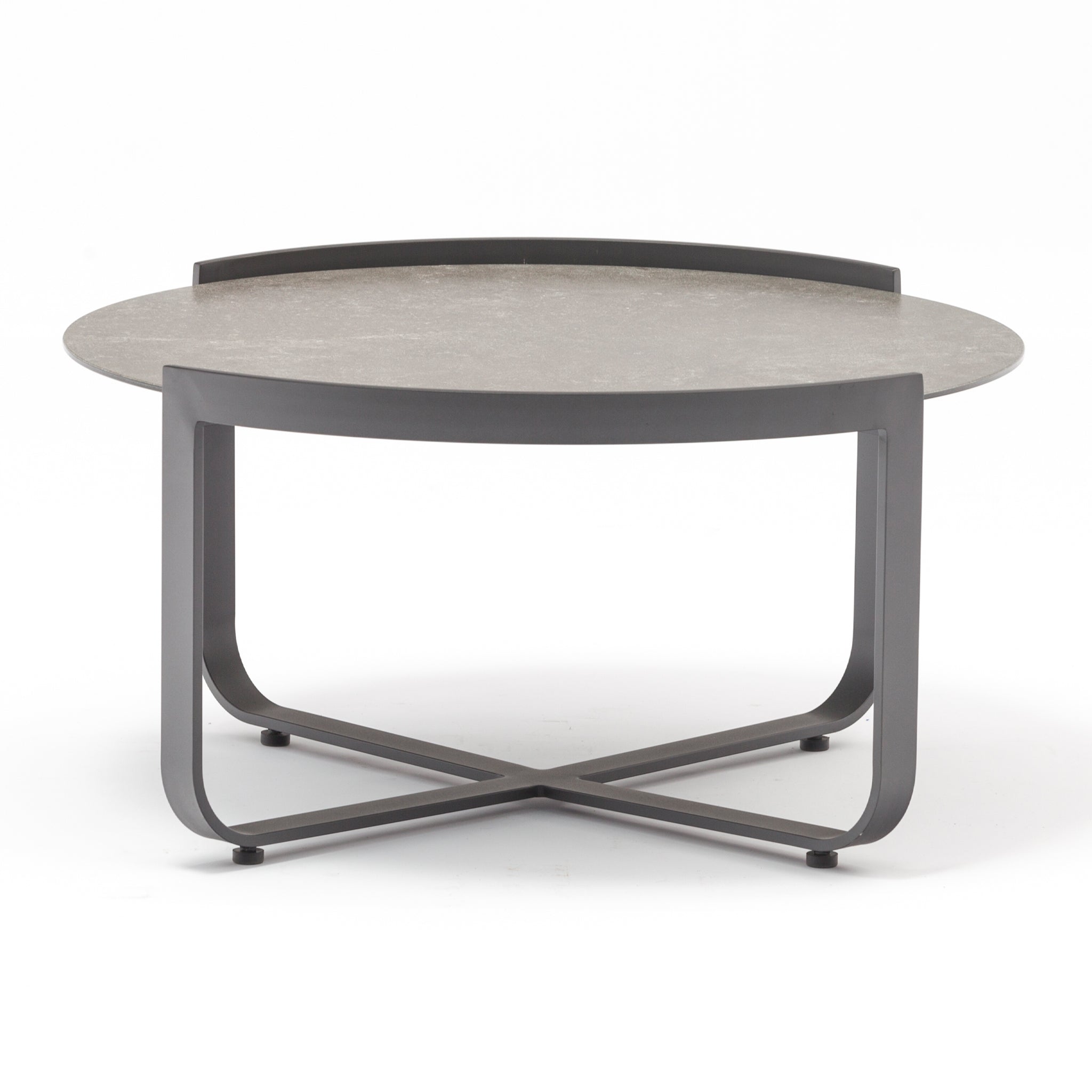 The Bloom Coffee Table 80cm with Ceramic Top in Charcoal is a round, modern piece of outdoor furniture featuring a sleek grey ceramic glass top and stylish crossed metal legs.