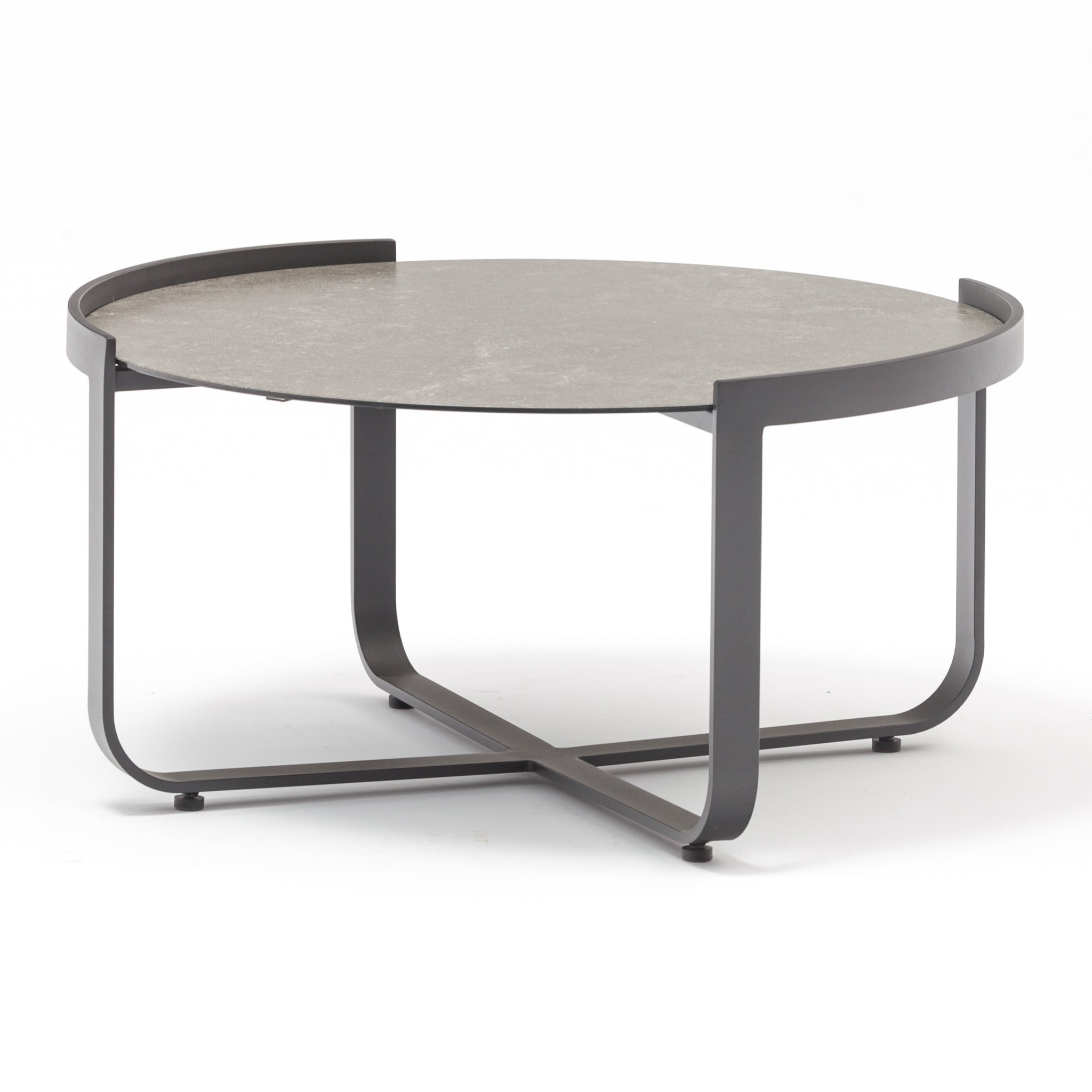 The Bloom Coffee Table 80cm with Ceramic Top in Charcoal is a round, modern gray table with a minimalist design, featuring curved metal legs and an elegant ceramic glass top. Perfect for both indoor and outdoor furniture settings.