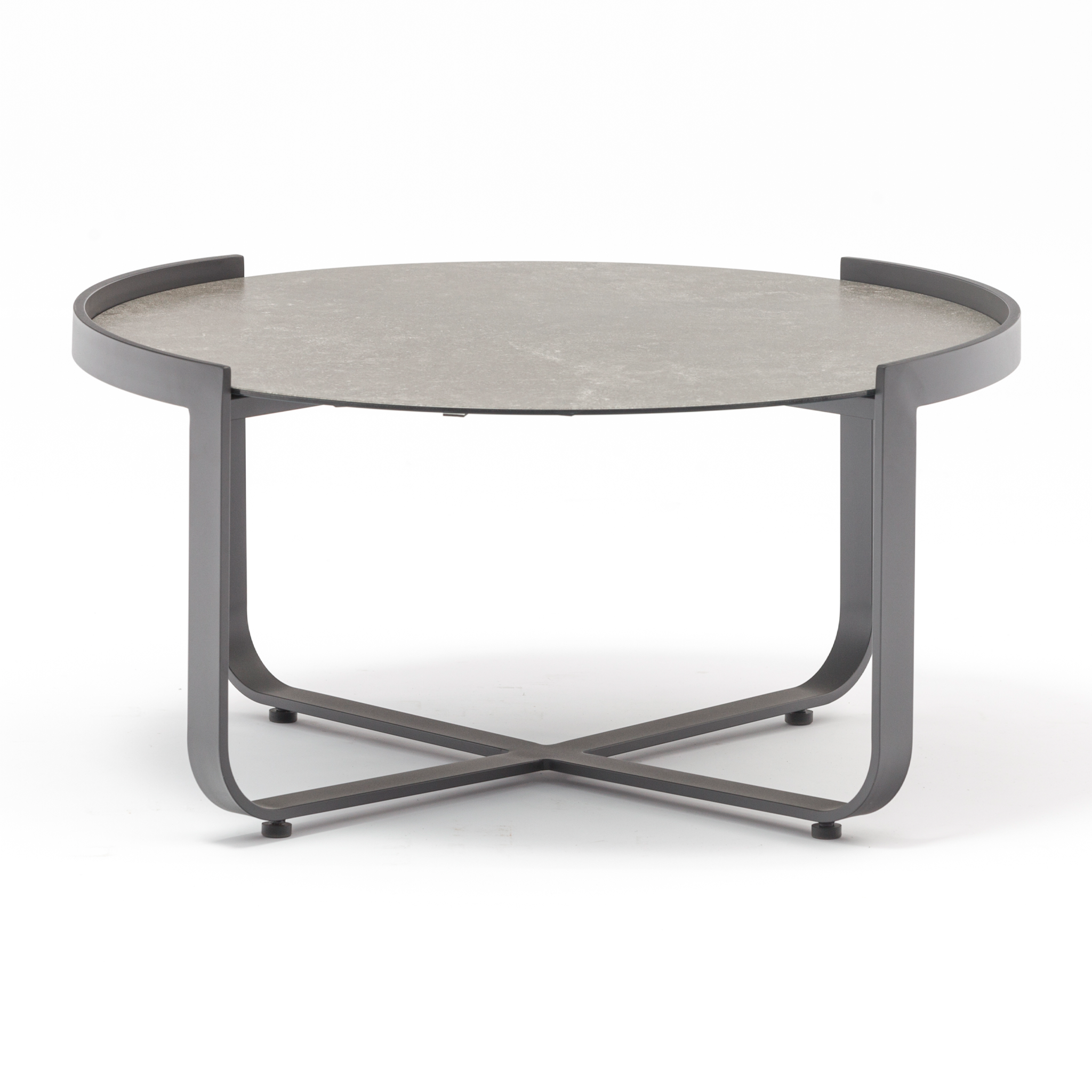 The Bloom Coffee Table 80cm with Ceramic Top in Charcoal showcases a contemporary round ceramic glass surface paired with metal legs forming an X-shaped base, making it ideal for both indoor and outdoor settings.