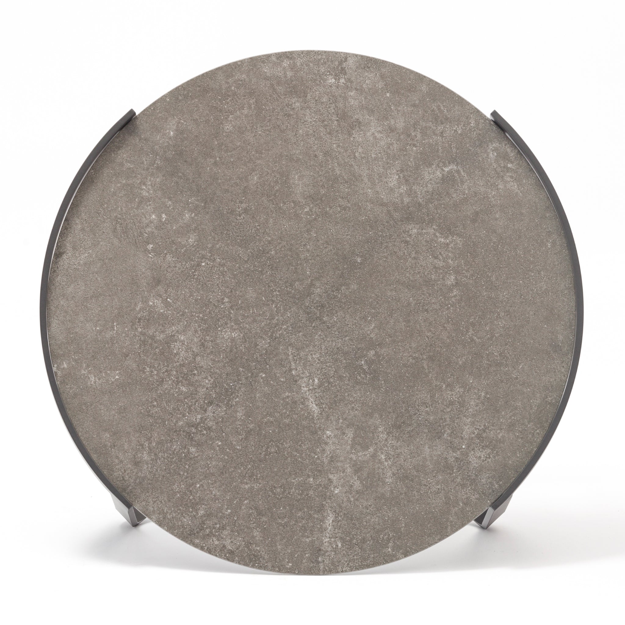 The Bloom Coffee Table 80cm with Ceramic Top in Charcoal boasts an oval-shaped, charcoal ceramic tray with black metal handles on each side, effortlessly complementing any outdoor furniture setting while resting elegantly on a white surface.