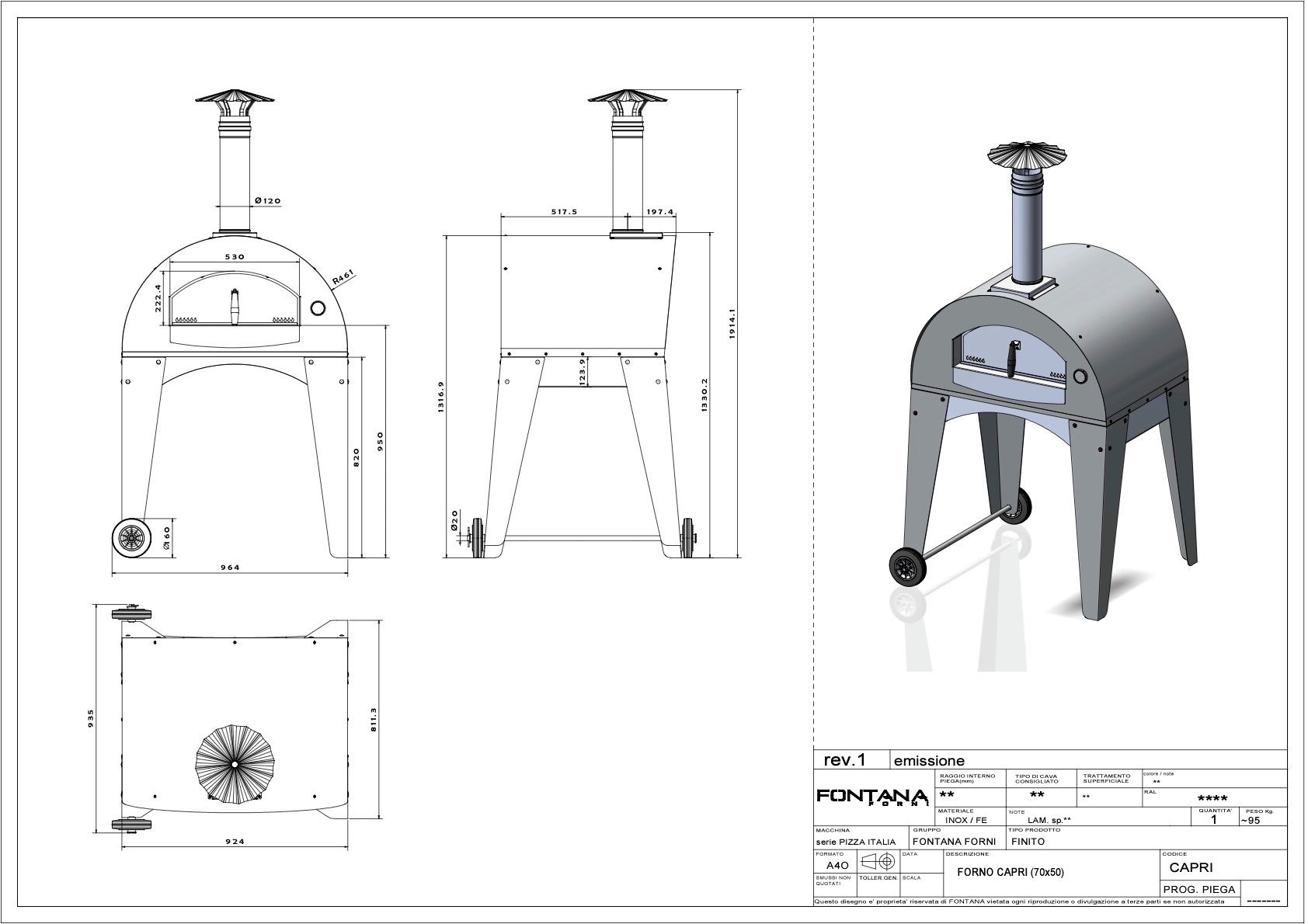 Technical drawing and 3D model of the Fontana Capri Wood Pizza Oven, featuring a refractory chamotte cooking chamber, complete with precise dimensions and specifications.