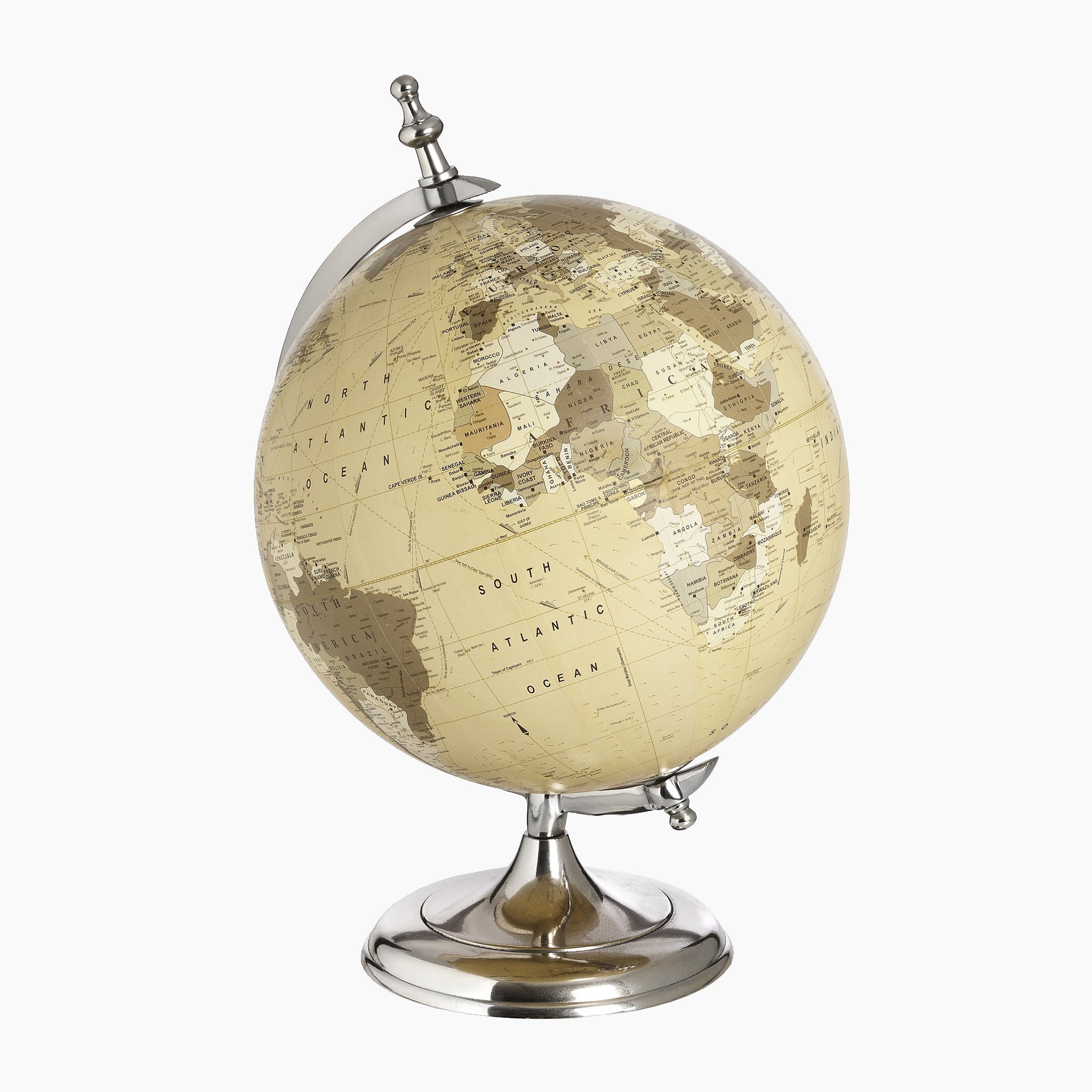 The Chrome Desktop Globe is a sophisticated home décor piece featuring a beige and dark brown globe with a metallic chrome-finish stand, showcasing continents and countries. It is angled to highlight the Atlantic Ocean, blending elegance and functionality seamlessly.