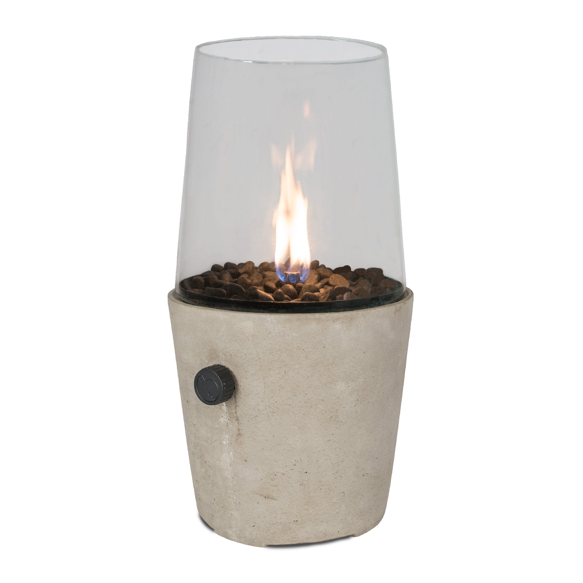 The Cosi - Cosicement Round Fire Lantern boasts a concrete-effect glass and stone tabletop design, visible flame, and sleek black control knob.