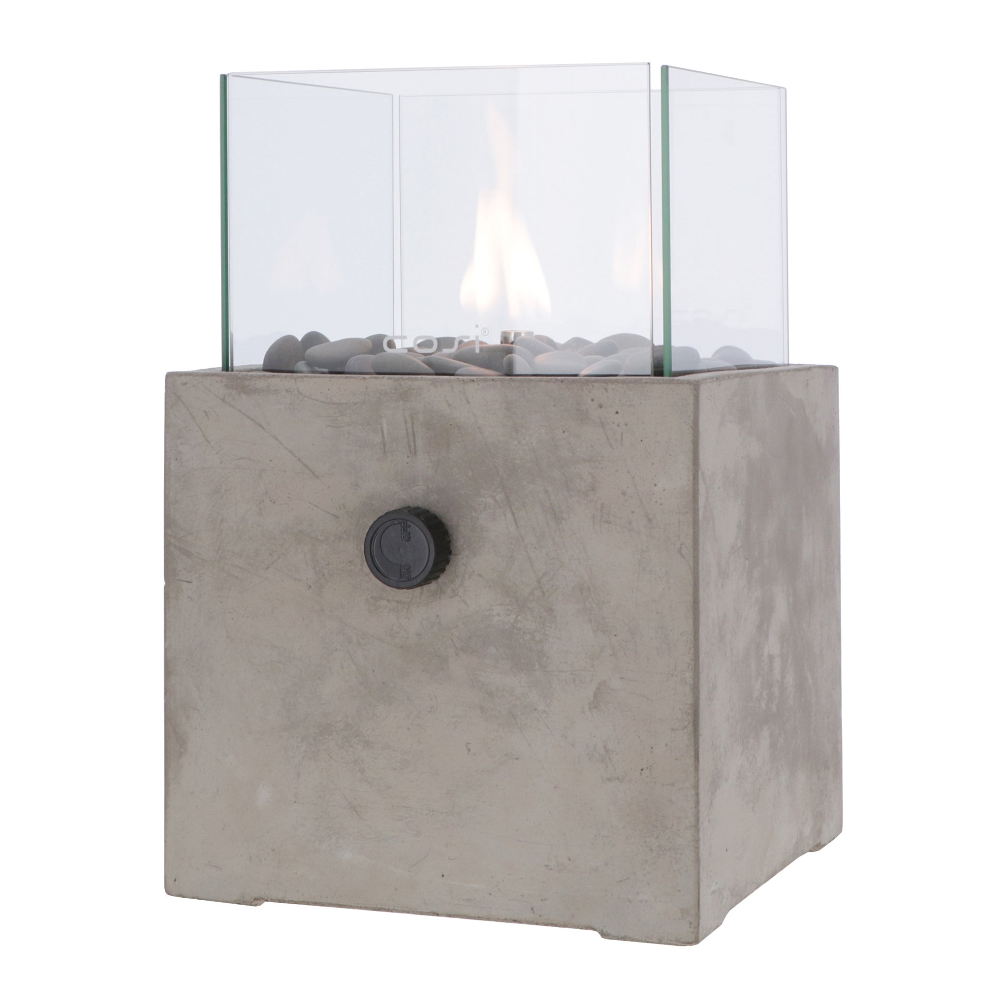 The Cosi - Cosicement Square Fire Lantern is a square concrete tabletop fire pit with a striking concrete effect finish, glass panels, and a captivating visible flame—ideal for enhancing outdoor spaces.