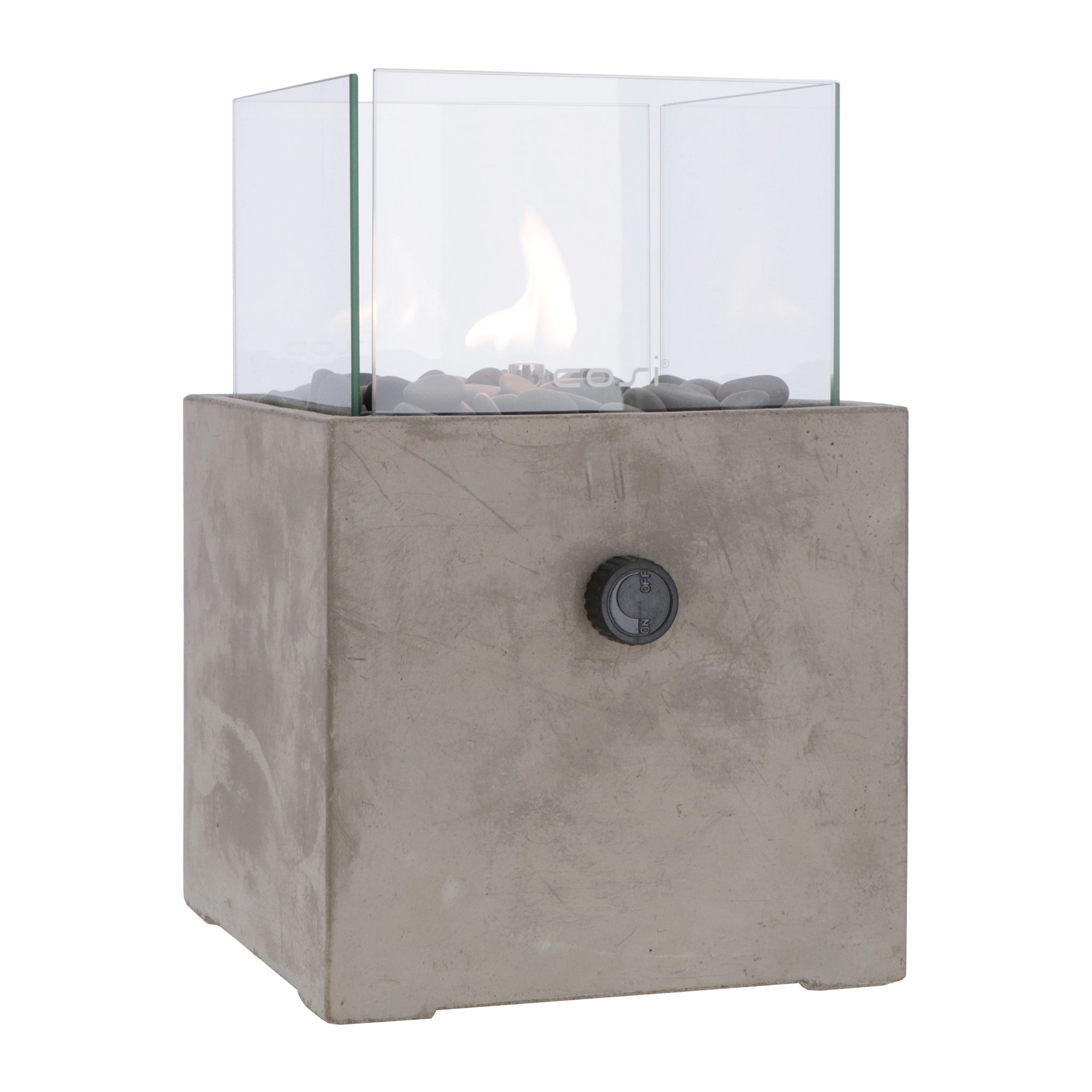 The Cosi - Cosicement Square Fire Lantern features a striking concrete effect finish, glass wind guard, and sleek black ignition dial—perfect for enhancing outdoor ambiance.