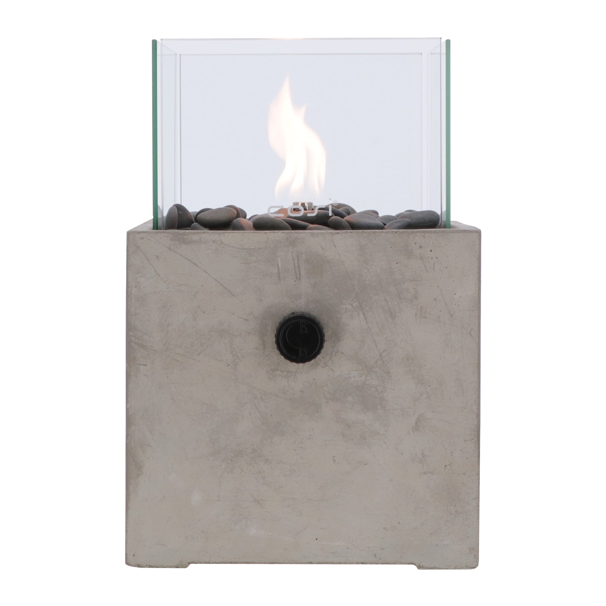 The Cosi - Cosicement Square Fire Lantern is a small tabletop fire pit with glass sides and stones on a sleek concrete effect, ideal for enhancing outdoor spaces.