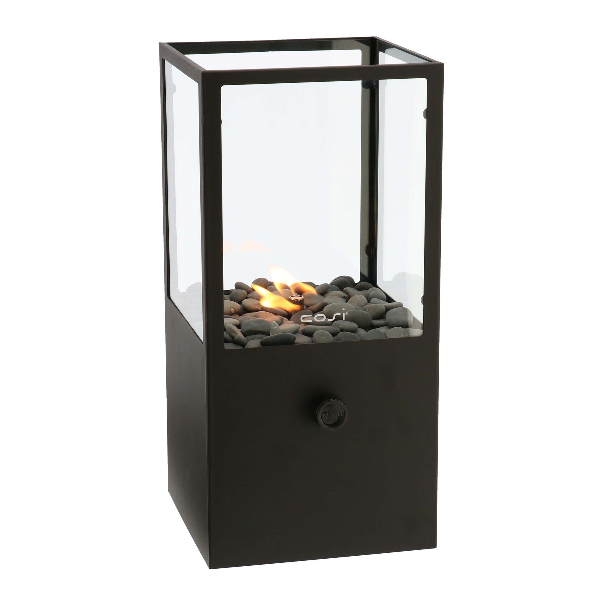 The Cosi - Cosidome High Black Fire Lantern boasts a minimalistic design with a rectangular tabletop, glass sides, black frame, and pebbles, highlighting a small flame. Powered by a gas cartridge, it adds warmth and elegance to any space like a stylish lantern.