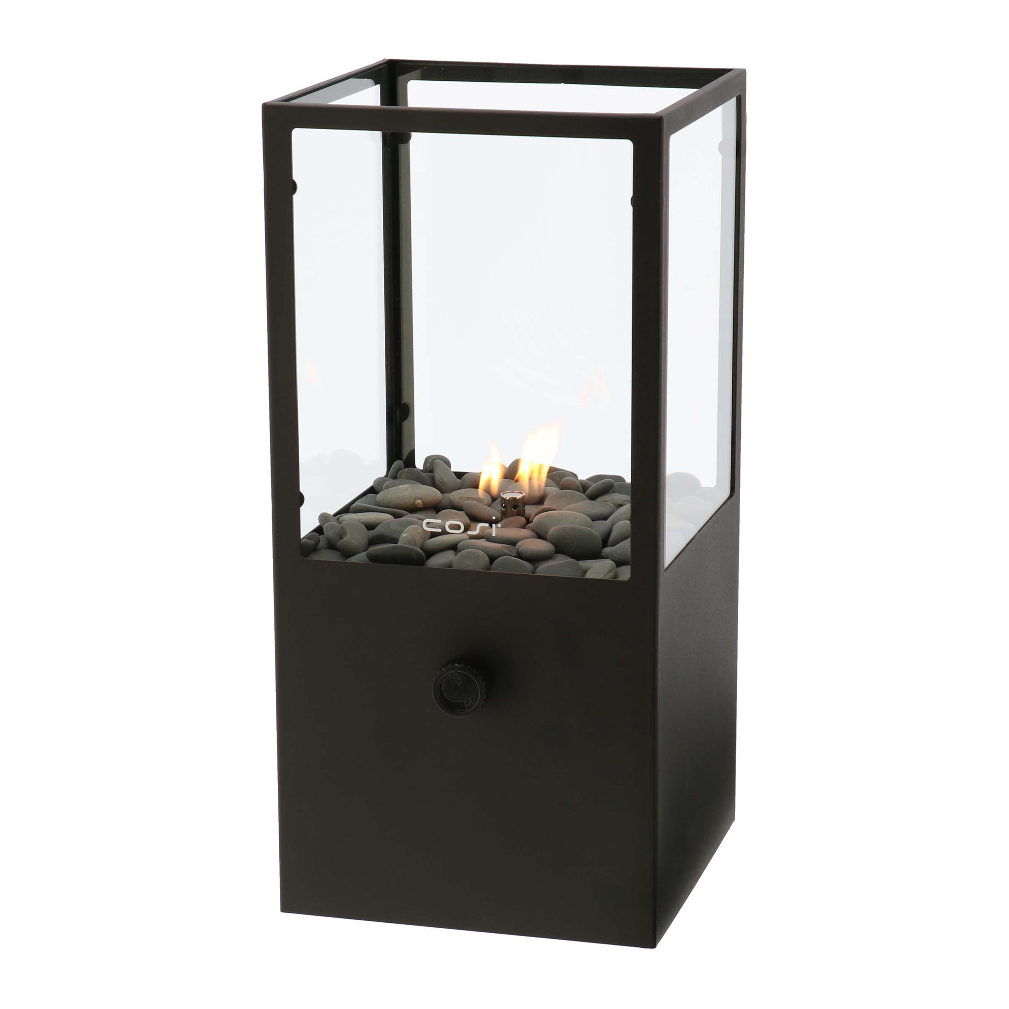The Cosi - Cosidome High Black Fire Lantern is an elegantly crafted rectangular tabletop fire pit with a minimalistic design. It features glass sides, decorative stones, and a small flame in a sleek black metal frame.