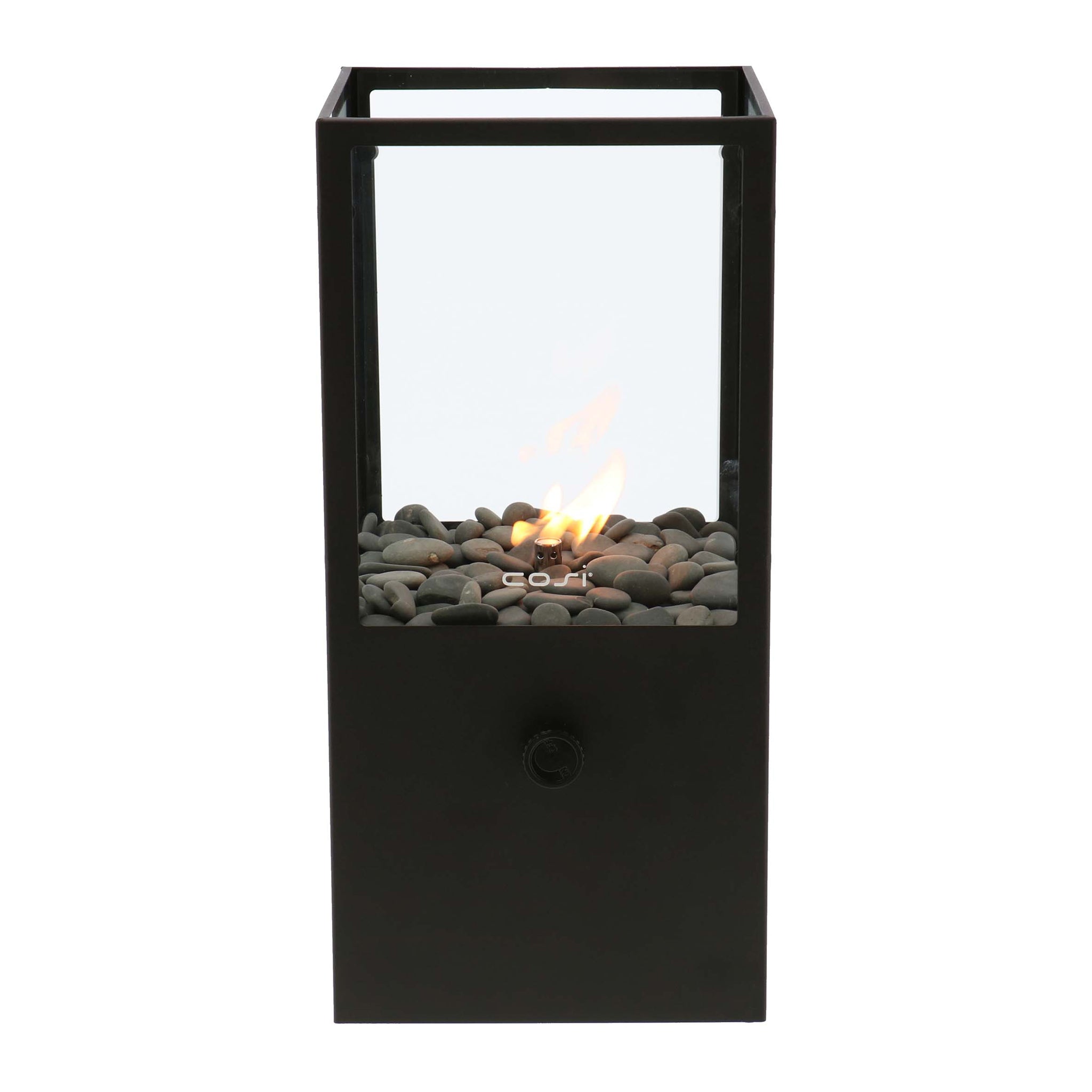 The Cosi - Cosidome High Black Fire Lantern is a minimalistic black tabletop fireplace with a lantern-like design, featuring stones and an elegantly enclosed small flame in glass.