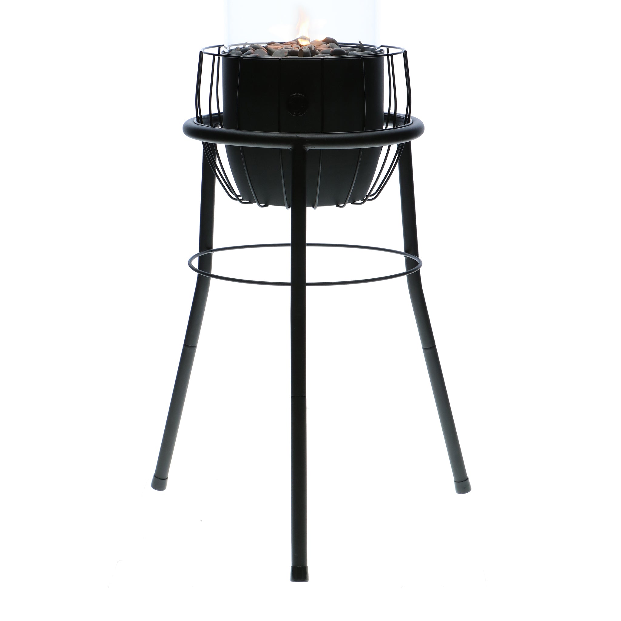 Modern chic outdoor light source featuring the Cosi - Cosiscoop Basket High Black Lantern, a tall black metal fire pit with a round bowl and mesh design on tripod legs.