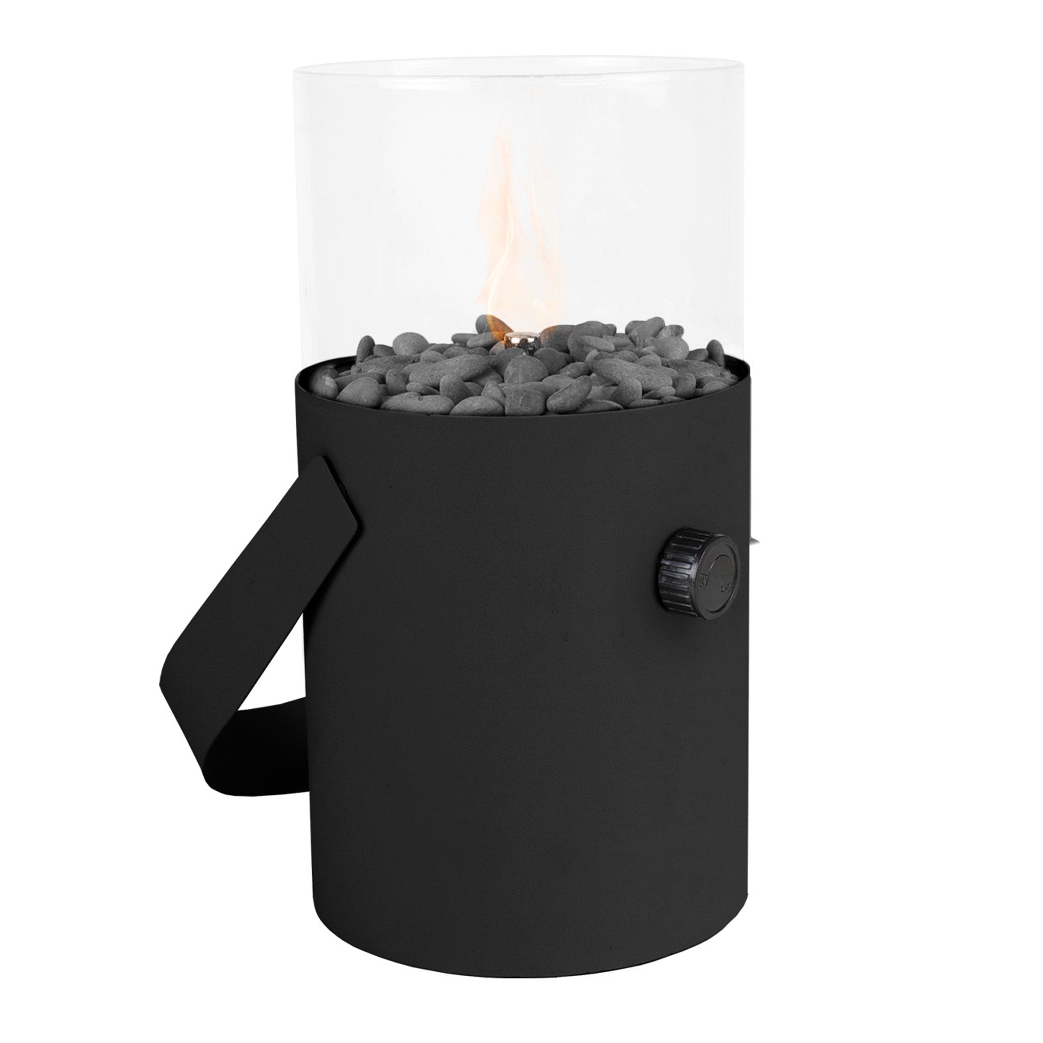 The Cosi - Cosiscoop Fire Lantern in Black is a portable tabletop fire pit with a clear glass chimney and black stones, featuring a captivating flame powered by a gas cartridge for convenient outdoor lighting.