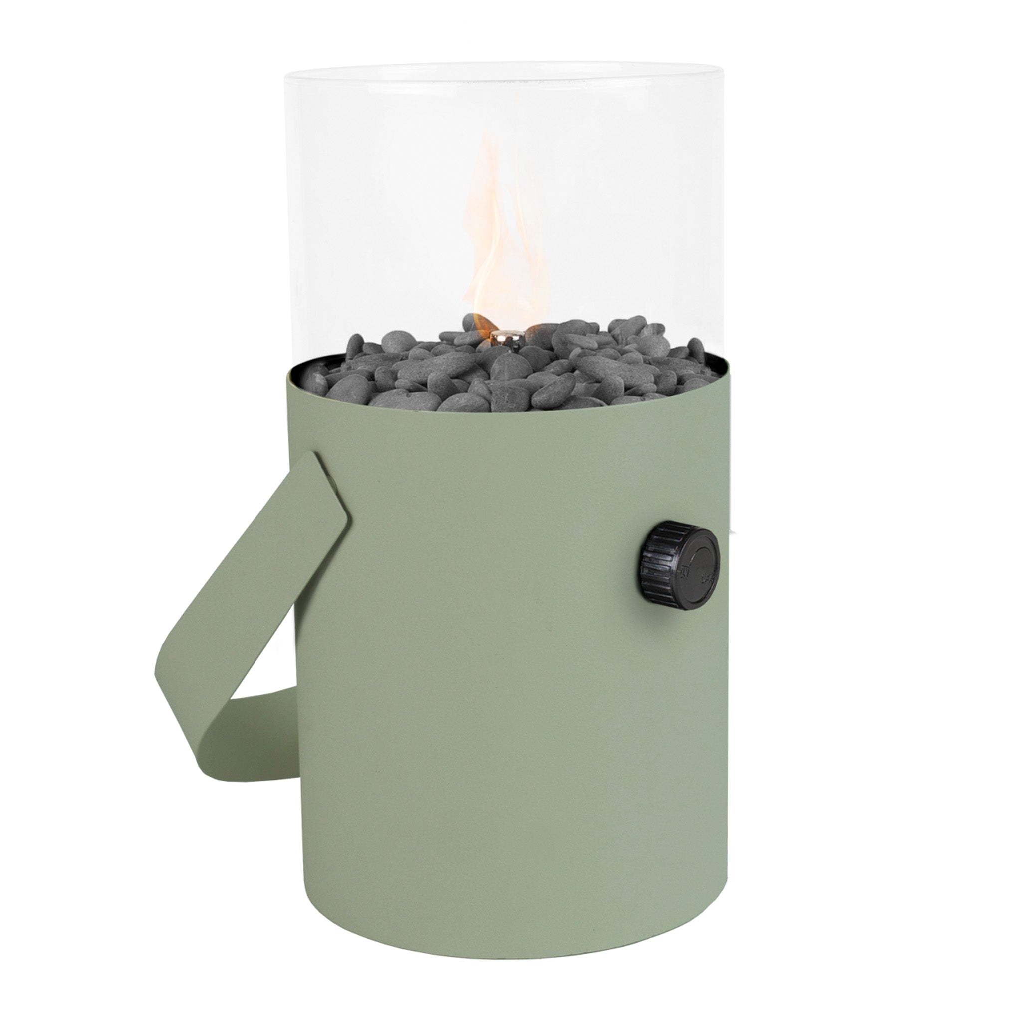 The Cosi - Cosiscoop Fire Lantern in Green features a portable tabletop design with glass top, green base, and convenient handle. Filled with black stones, it adds warmth and ambiance to any setting, resembling the charm of a garden lantern.