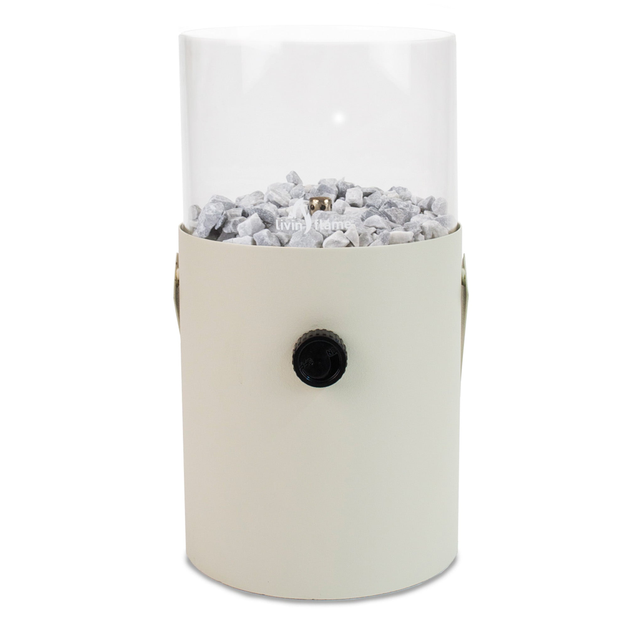 The Cosi - Cosiscoop Fire Lantern in Ivory is a cylindrical container with gray stones, a clear top, and a black knob. It adds warmth and style to your outdoor space.