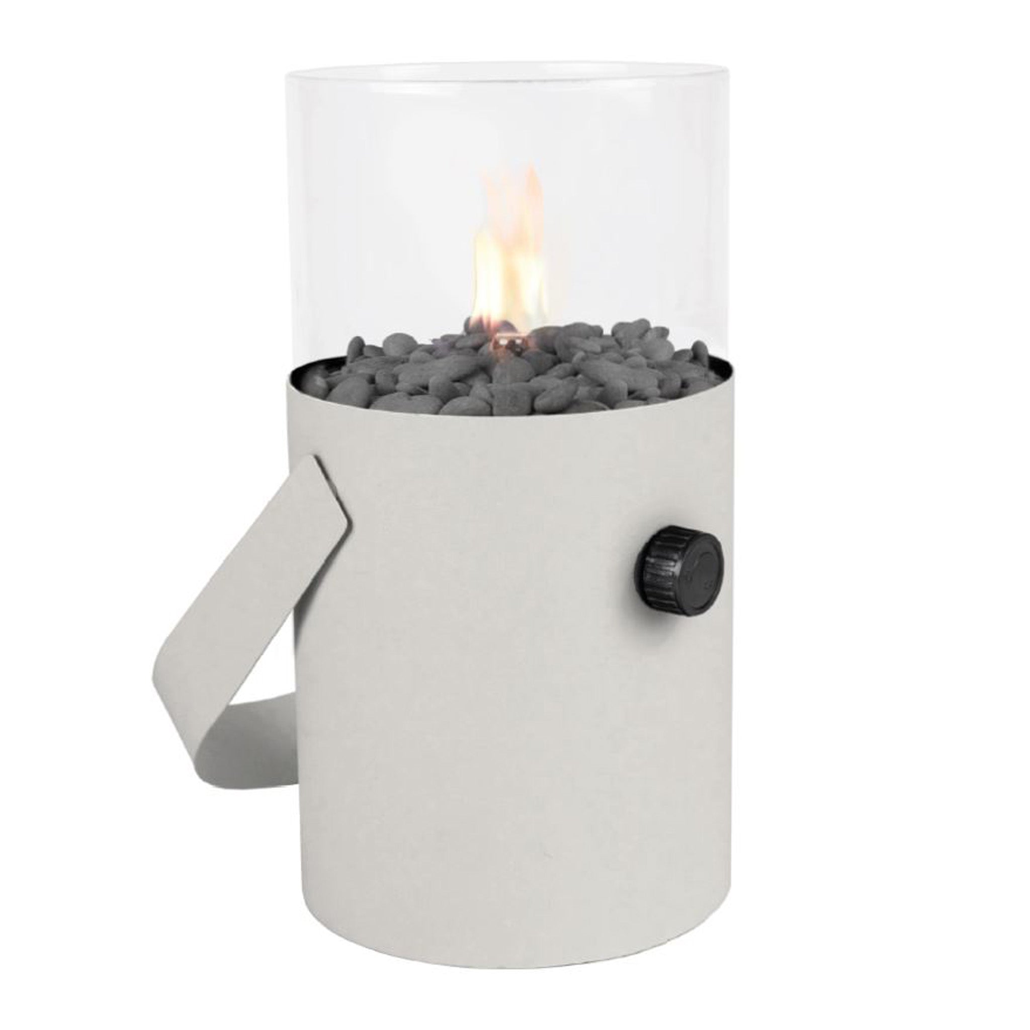 The Cosi - Cosiscoop Fire Lantern in Ivory features a mesmerizing flame over black rocks, with a control knob and an easy-to-carry side handle, making it perfect for versatile outdoor use.