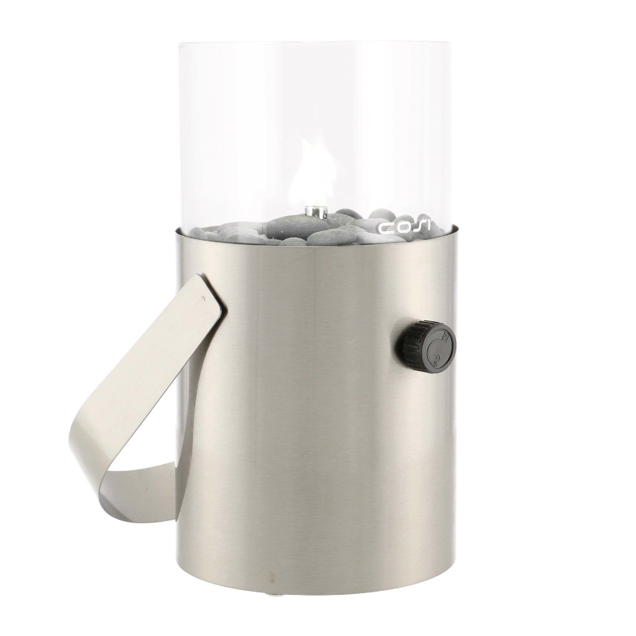 The Cosi - Cosiscoop Fire Lantern in Stainless Steel is a portable lantern with a clear cylindrical top and dial, filled with pebbles, perfect for outdoor settings.