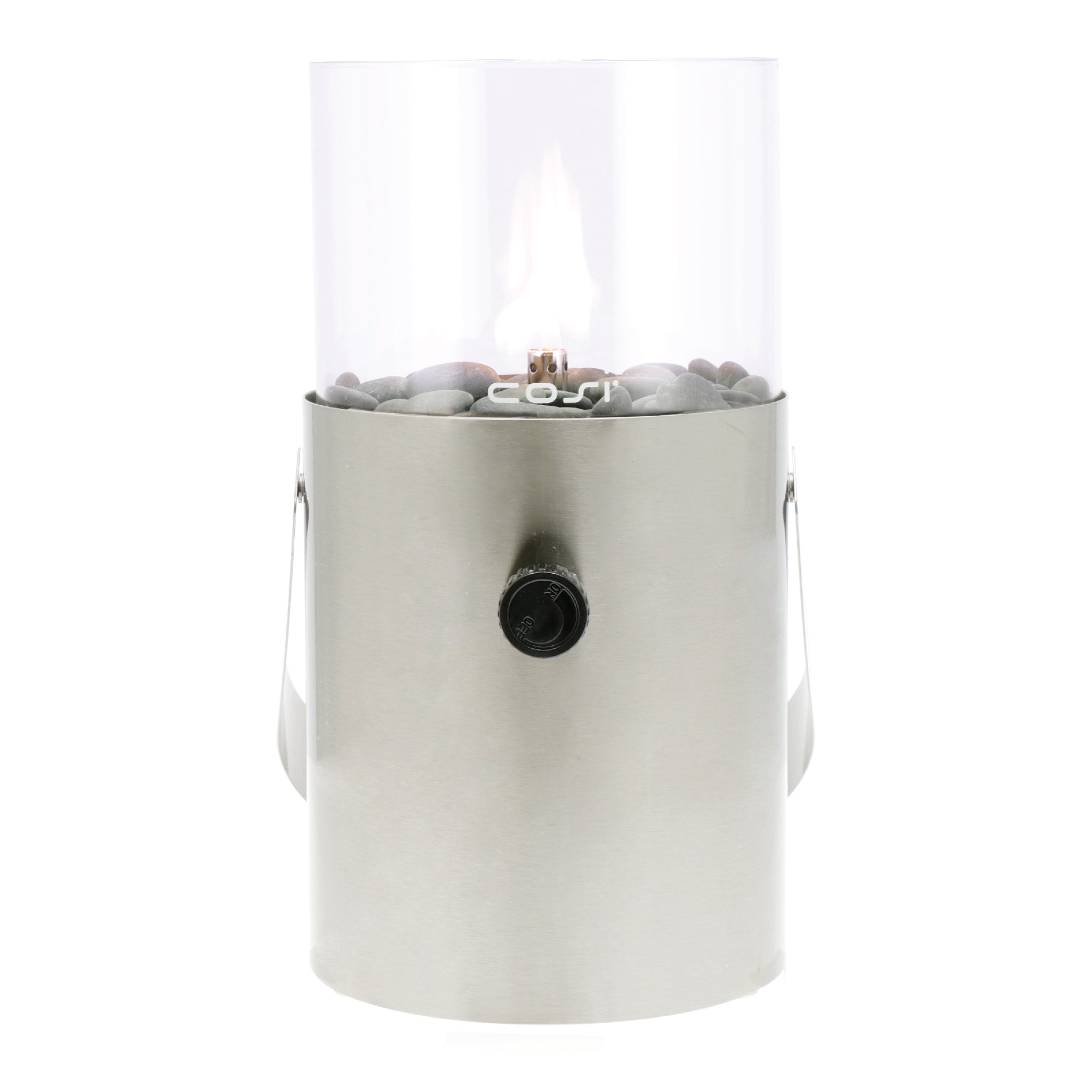 The Cosi - Cosiscoop Fire Lantern is a stainless steel tabletop fireplace featuring a cylindrical design with visible flames through a glass enclosure, embodying the charm of an outdoor fire lantern.