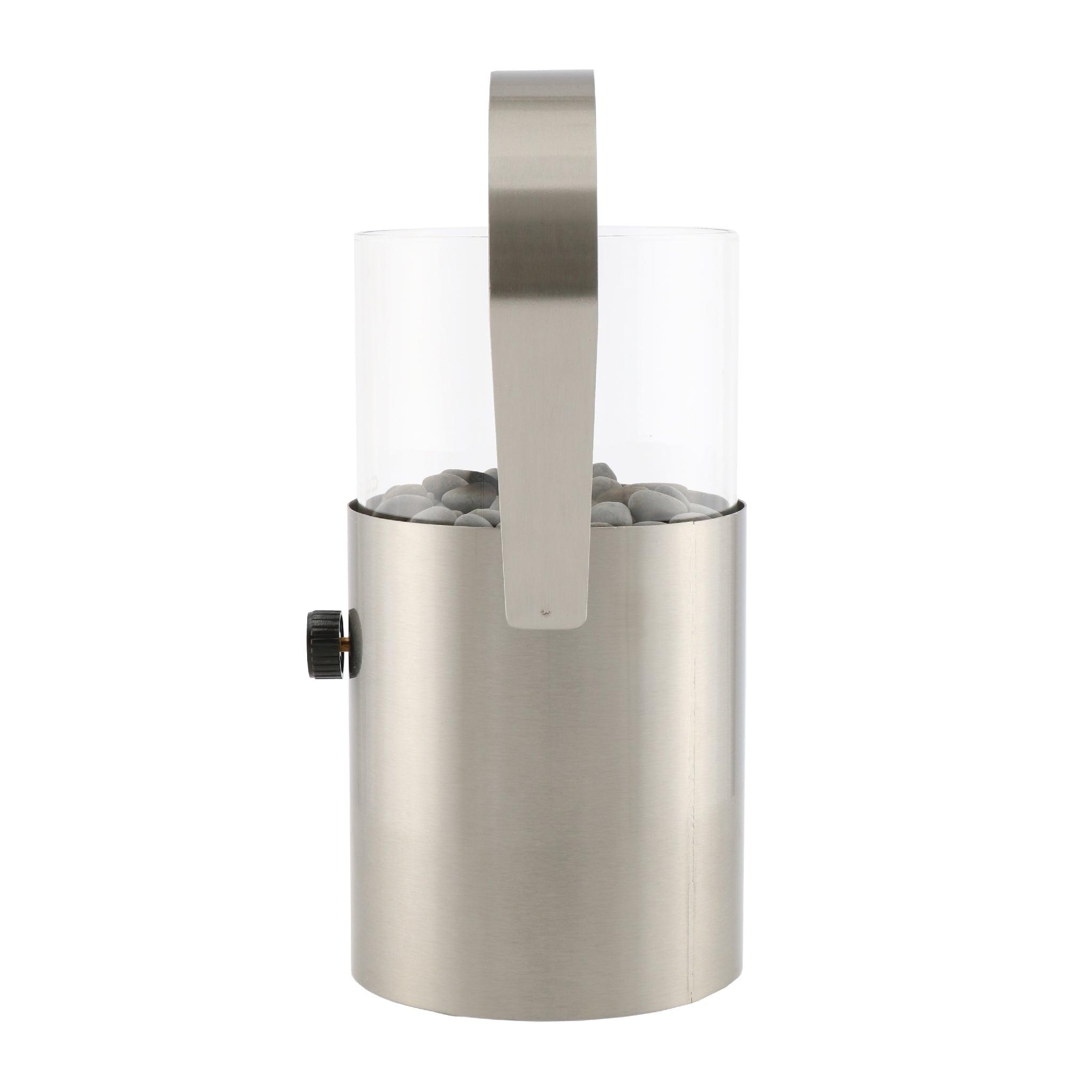 The Cosi - Cosiscoop Fire Lantern in Stainless Steel boasts a clear glass top with decorative stones and a handy carrying handle, making it ideal for elevating your outdoor ambiance.