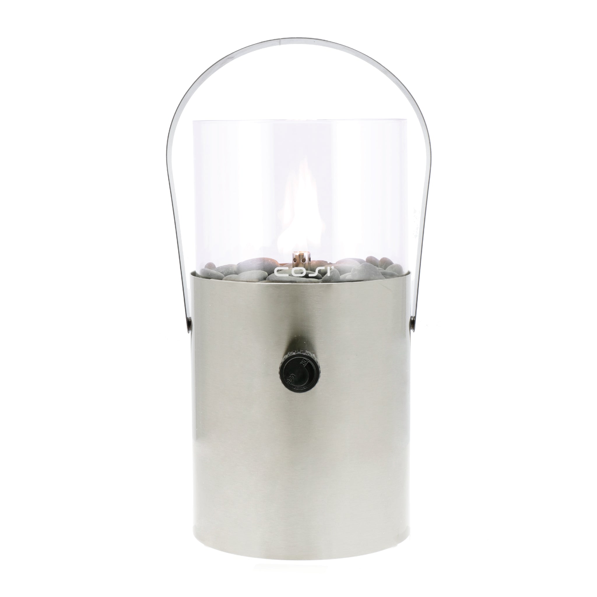 The Cosi - Cosiscoop Fire Lantern in Stainless Steel features a visible flame, a sleek stainless steel build, and clear glass atop small stones, ideal for outdoor settings.