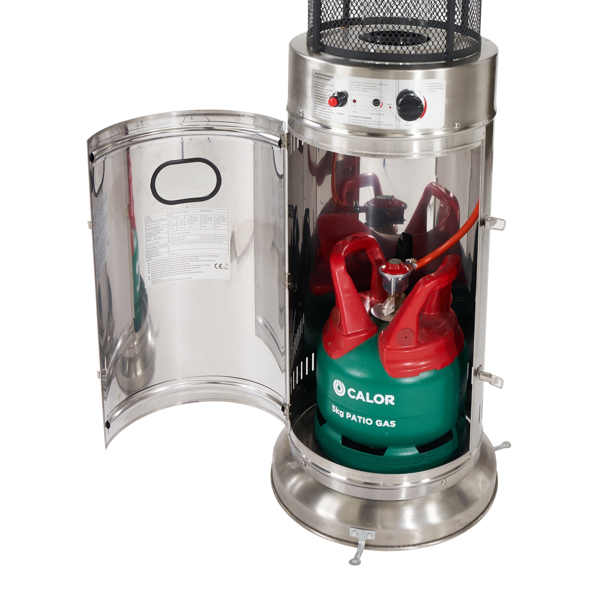 Open the Pacific Lifestyle stainless steel patio heater to reveal a vibrant green and red propane gas canister inside.