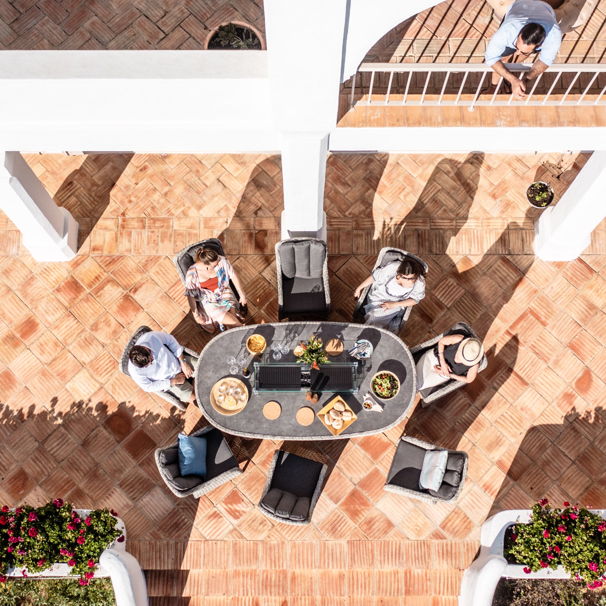 Santiago 8 Seat Rattan Oval Firepit Dining Set in Grey