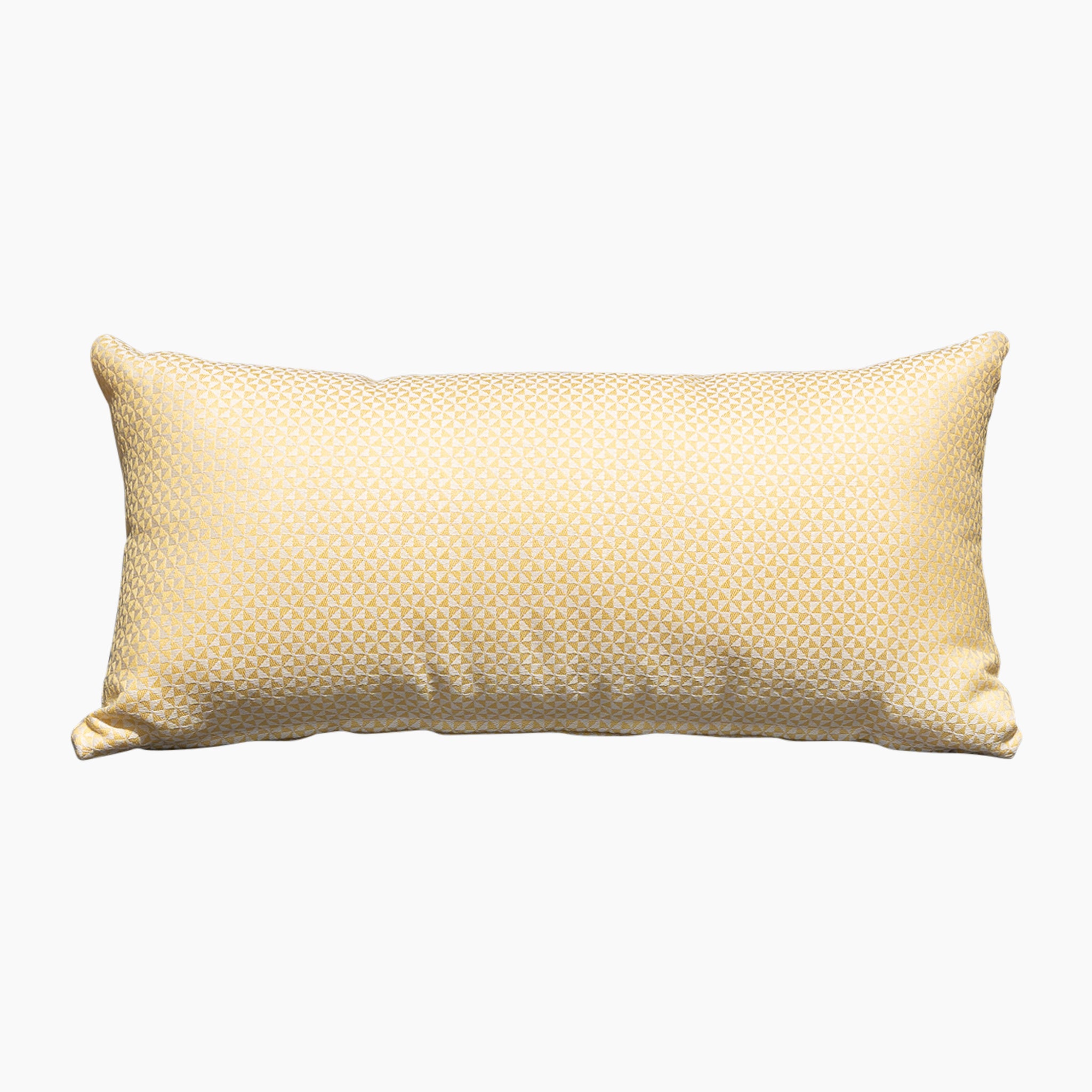 The Acrisol Helix Trigo Bolster Scatter Cushion - 60cm x 30cm features a rectangular yellow design with a subtle geometric pattern on a white background, making it perfect as one of your Harbour Lifestyle outdoor scatter cushions. It is made from durable solution-dyed acrylic.