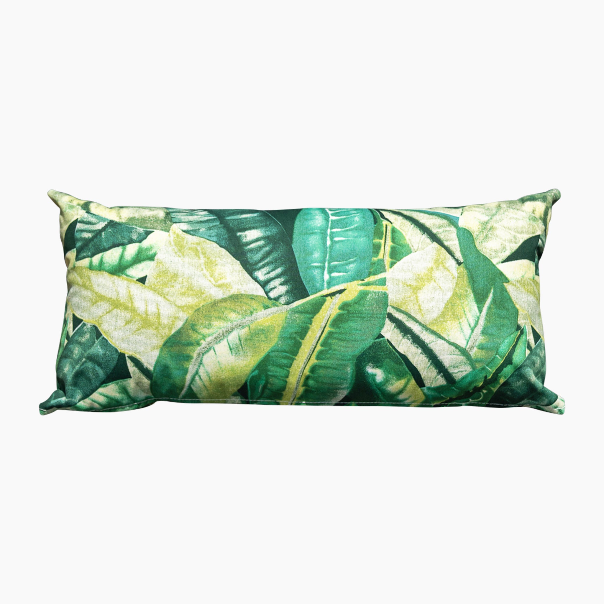 The Acrisol Amazonia Verde Bolster Scatter Cushion, measuring 60cm x 30cm, features a tropical green leaf pattern on a white background and is crafted from durable solution-dyed acrylic, making it perfect for outdoor use.