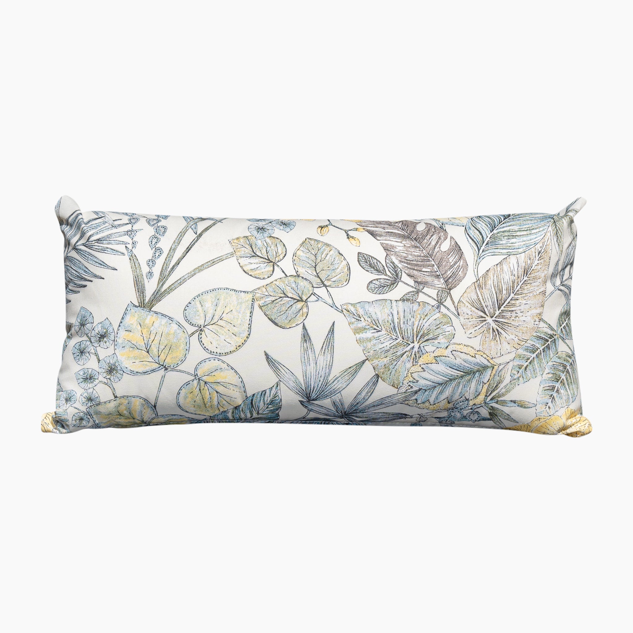 The Acrisol Bouquet Neutrals Bolster Scatter Cushion (60cm x 30cm) is a rectangular pillow featuring elegant green, yellow, and blue botanical prints on a white background. It is crafted from high-quality solution-dyed acrylic, making it a durable addition to your custom outdoor space.