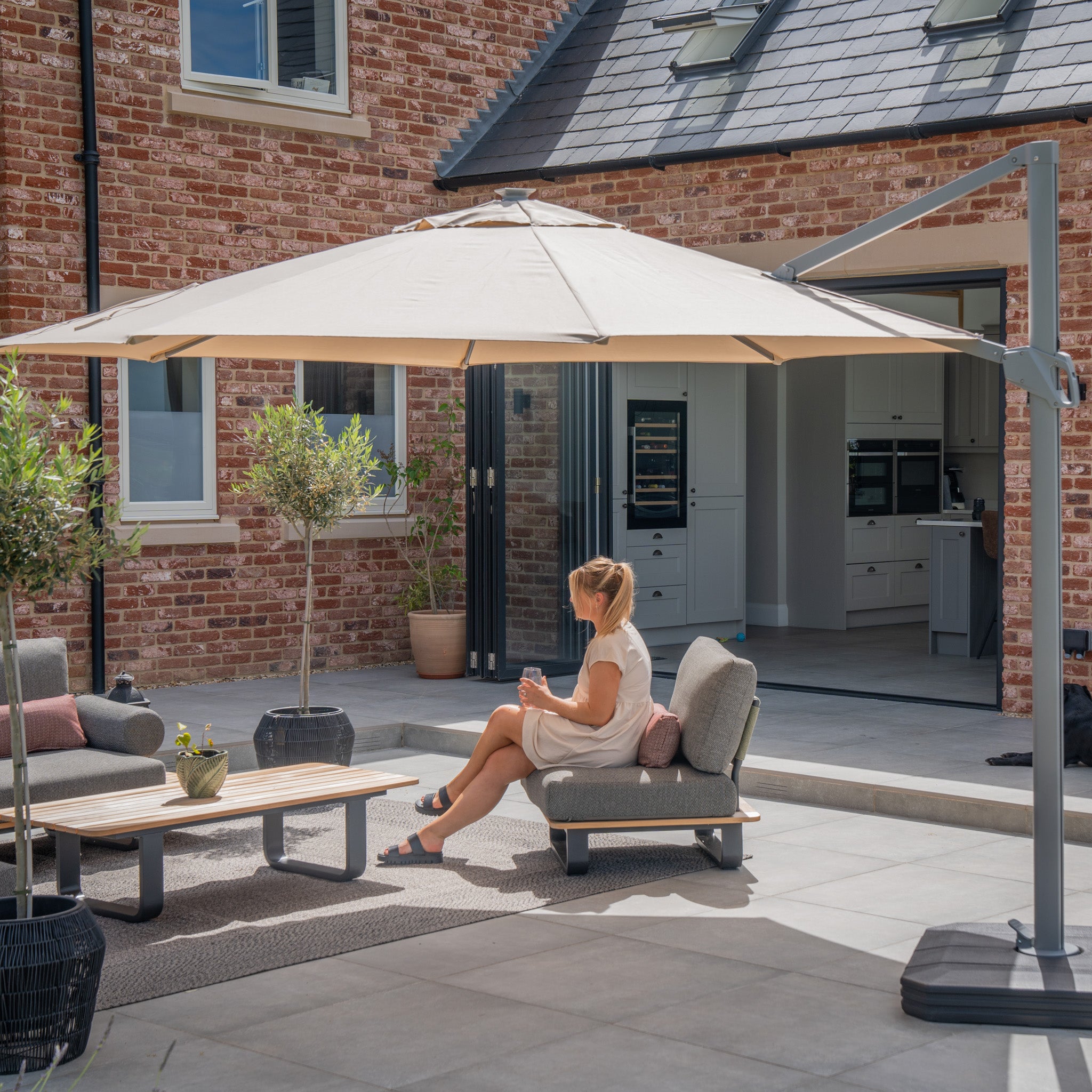 Ares 3.5m Round Cantilever Parasol with Solar powered LED Lights in Beige