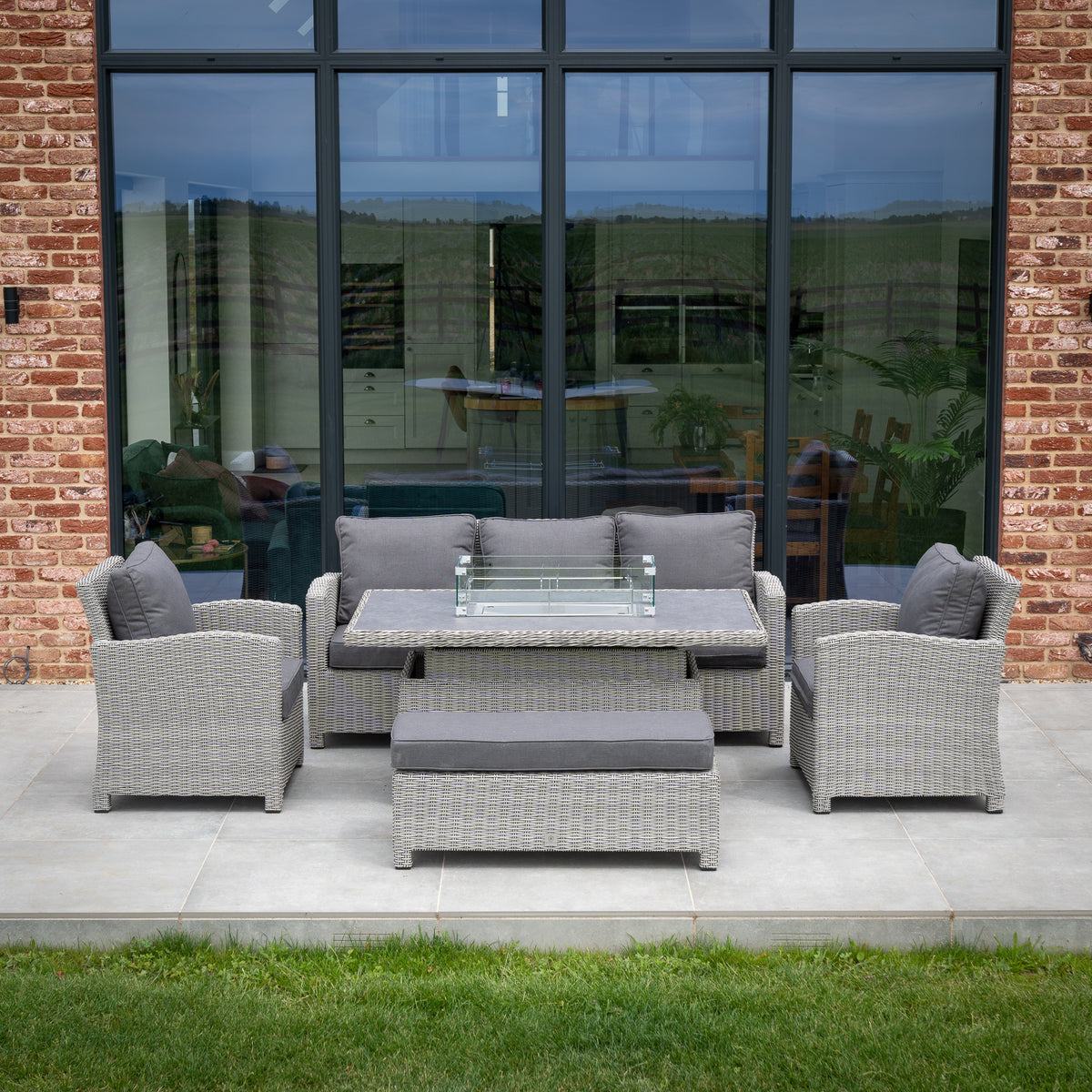 Santiago Rattan Sofa Dining Set with Rising Firepit Table in Grey